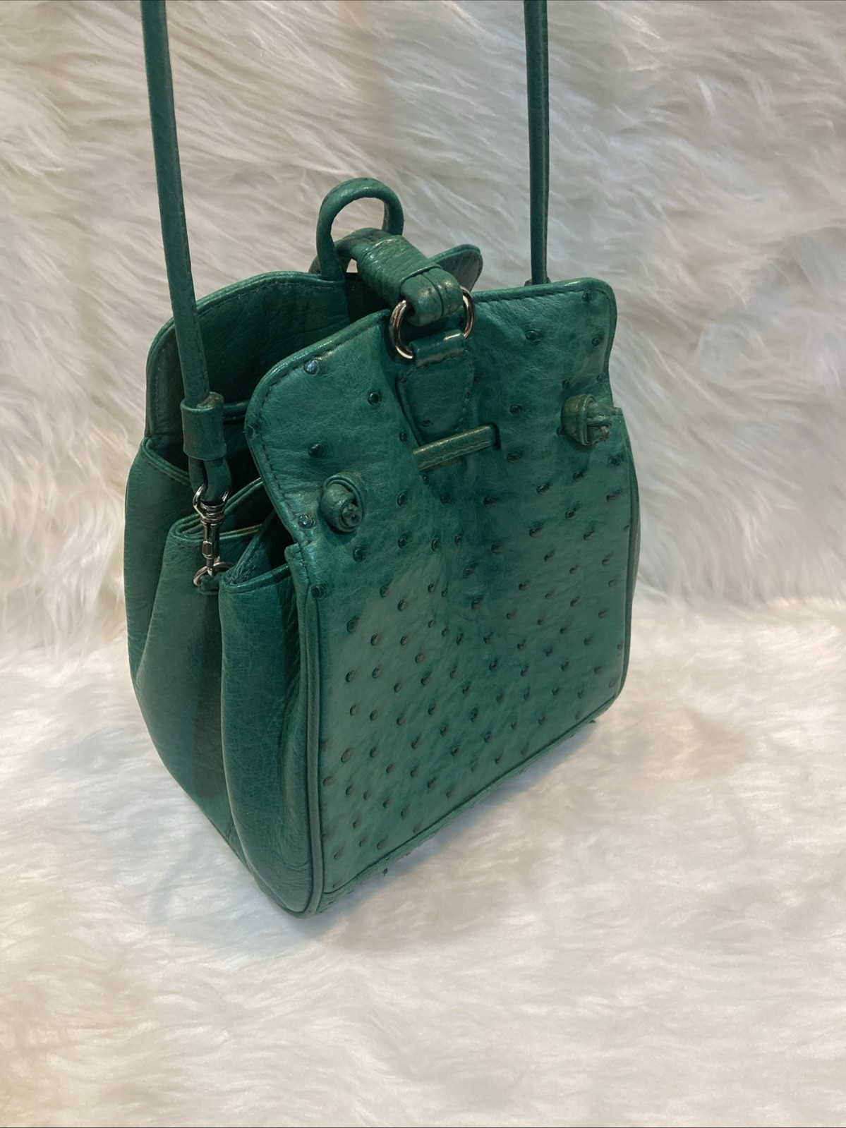 Ostrich Leather Shoulder Bag Green Crossbody Purse Women’s 17cm Vintage