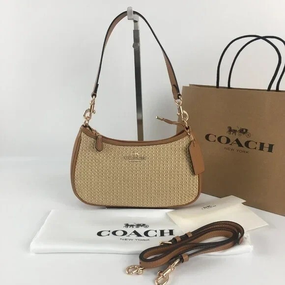 COACH CR350 Teri 2way Shoulder Bag Straw Leather Latte Multi outlet New