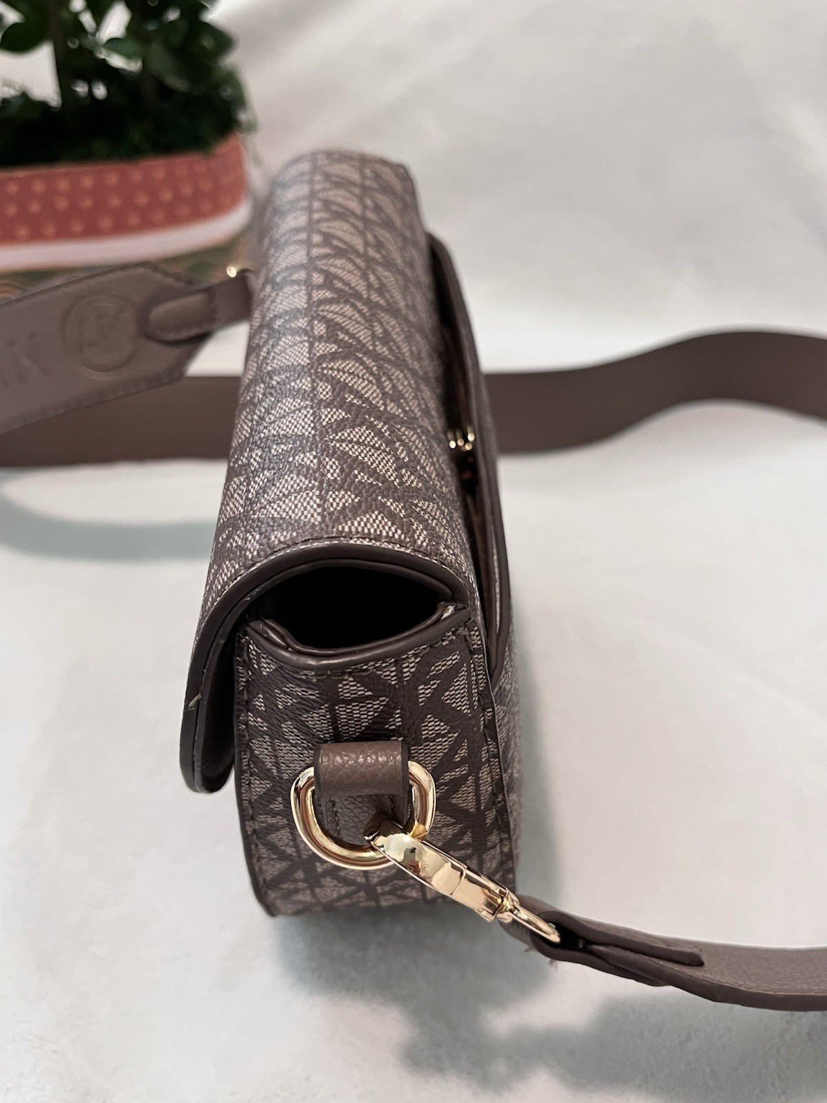 Anne Klein Brown Logo Print Crescent Crossbody Bag Zip Closure Gold Hardware