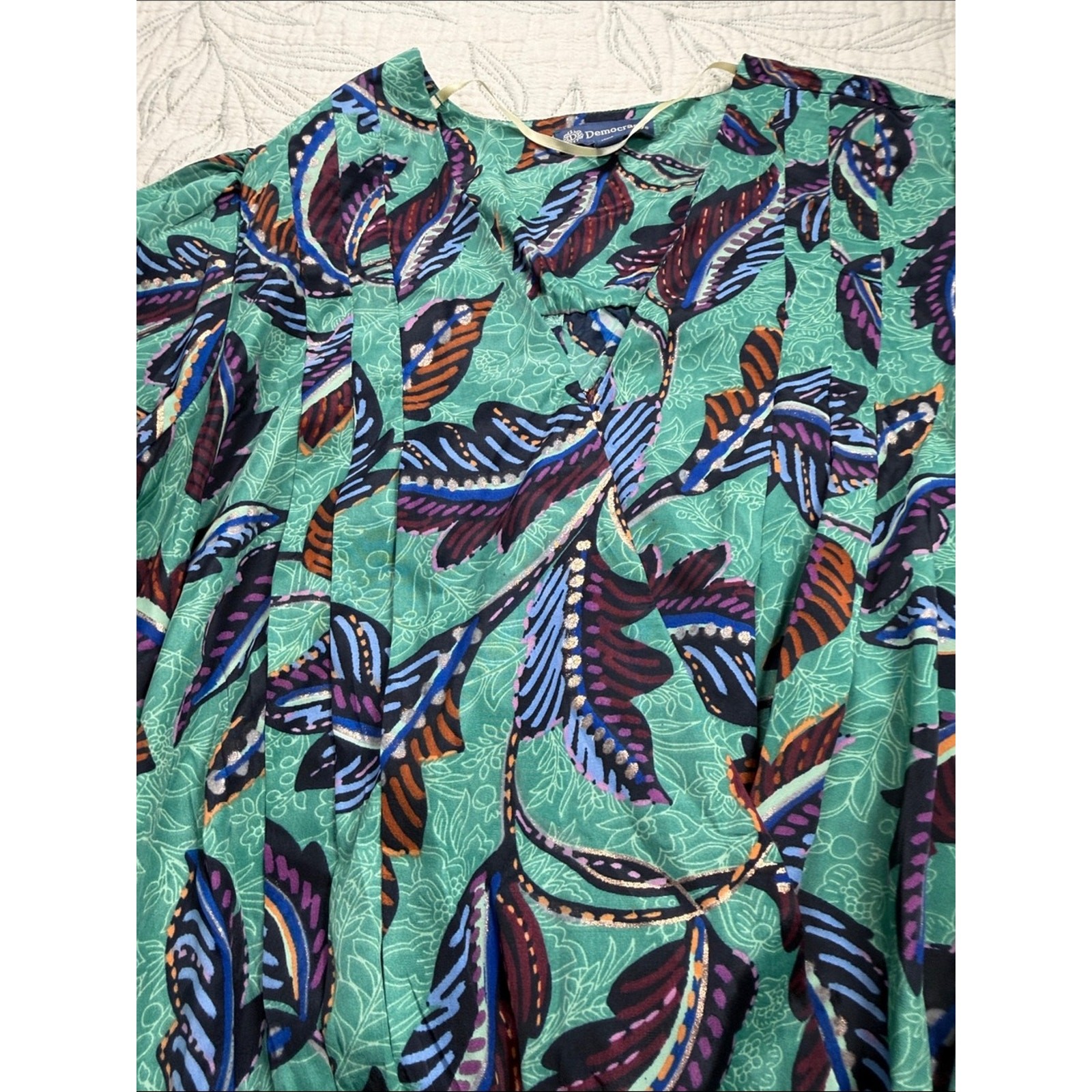 Women Boho tropical Leaf Print Cropped Blouse balloon sleeve Smoked Hem Top;PS