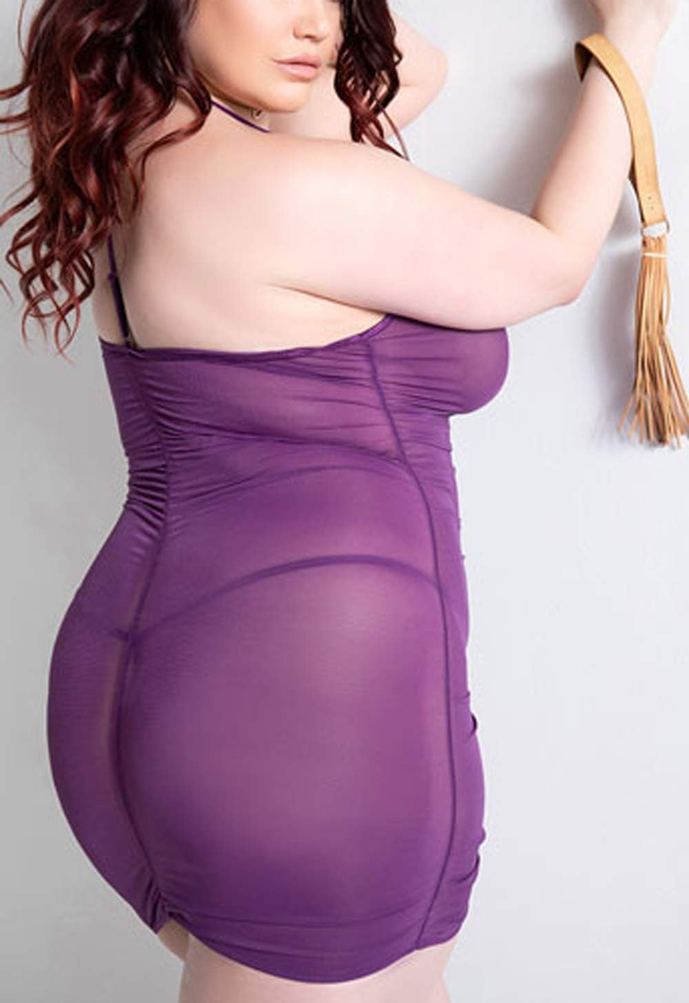 Plus Size Sheer Stretch Mesh Babydoll Dress Zipper Shirring Halter Chemise Curvy