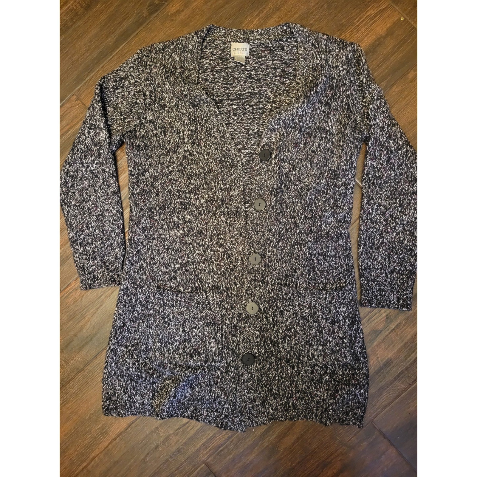 Chicos Marled Knit Cardigan Sweater Black White Button Front Size 0 Longline 814