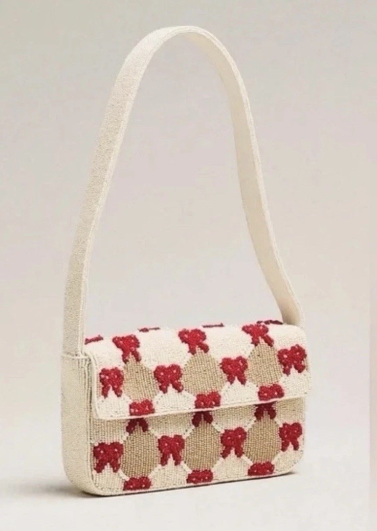Anthropologie Fiona Beaded Bag Winter Icon Edition Red Bow Checkered New