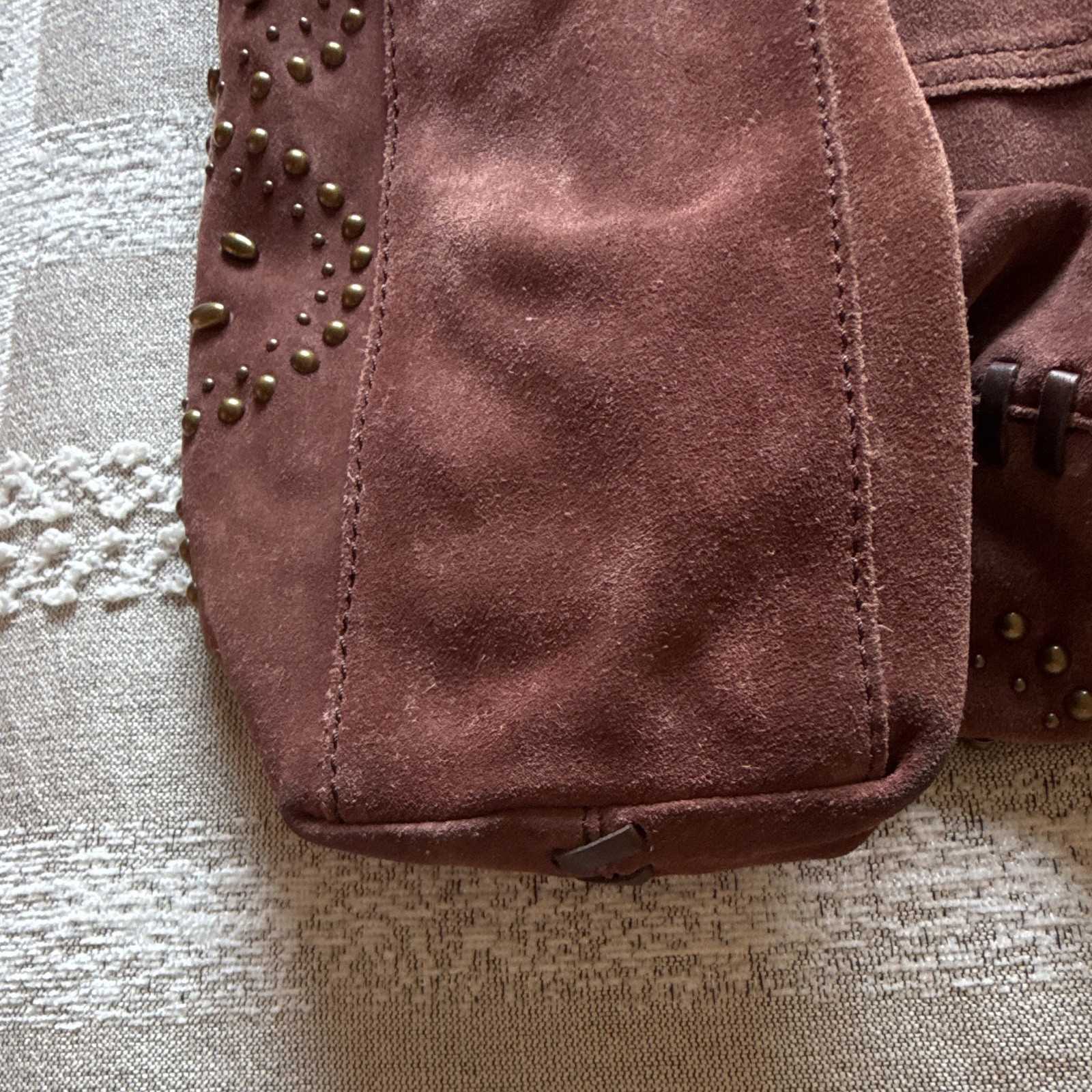 Lucky Brand Brown Floral Studded Whipstitch Shoulder Bag, Zip, Brass HW