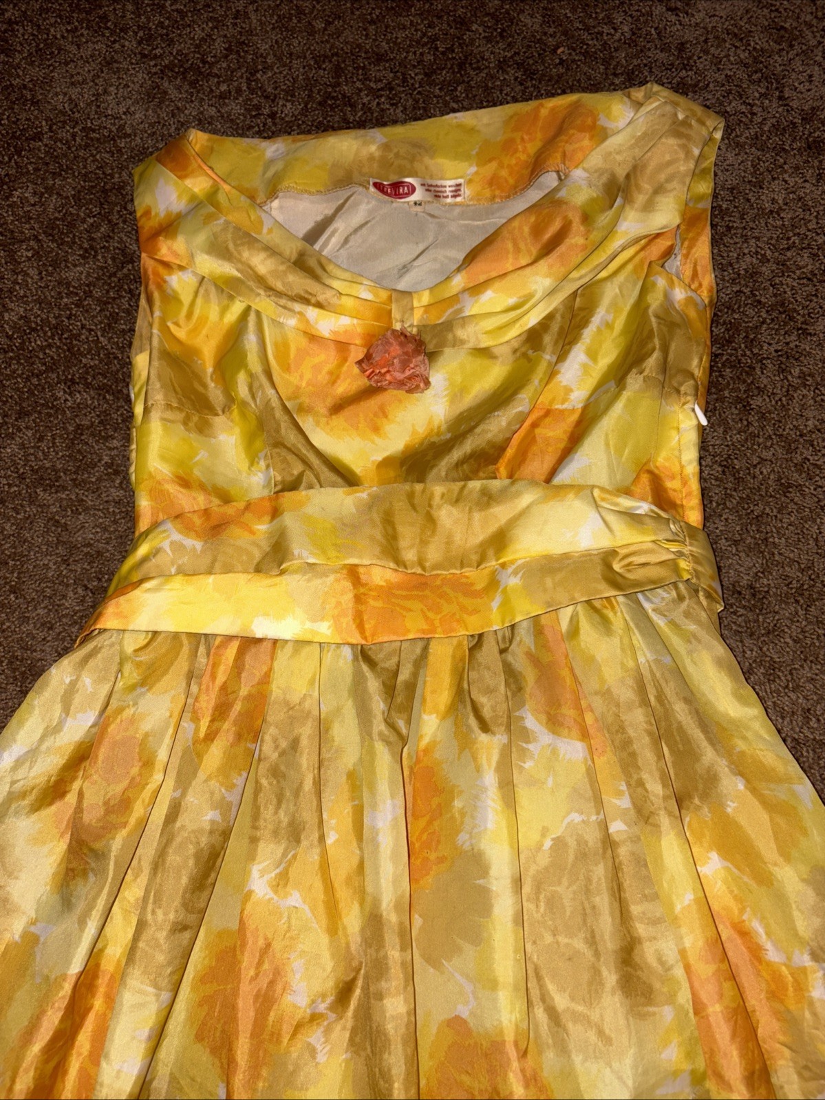 50s 60s Vintage Mod Yellow Orange Floral Dress Plus Size 42 Trevira 10/12