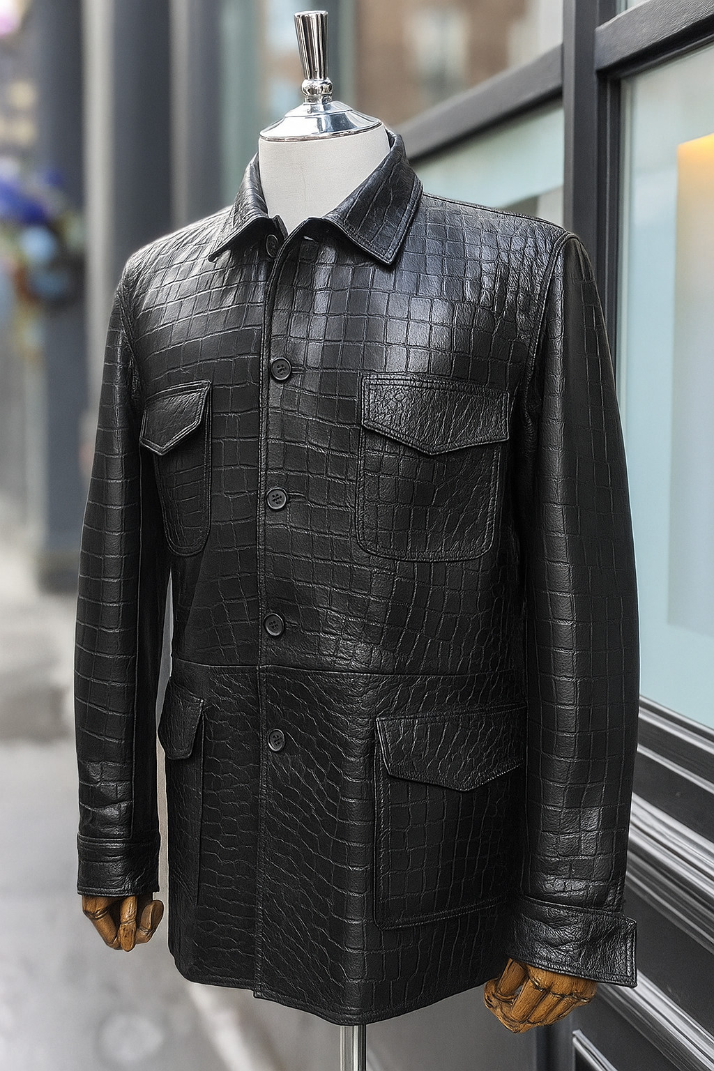 Men’s Black Crocodile Embossed Pattern Leather Jacket 4-Pocket Safari Style Coat
