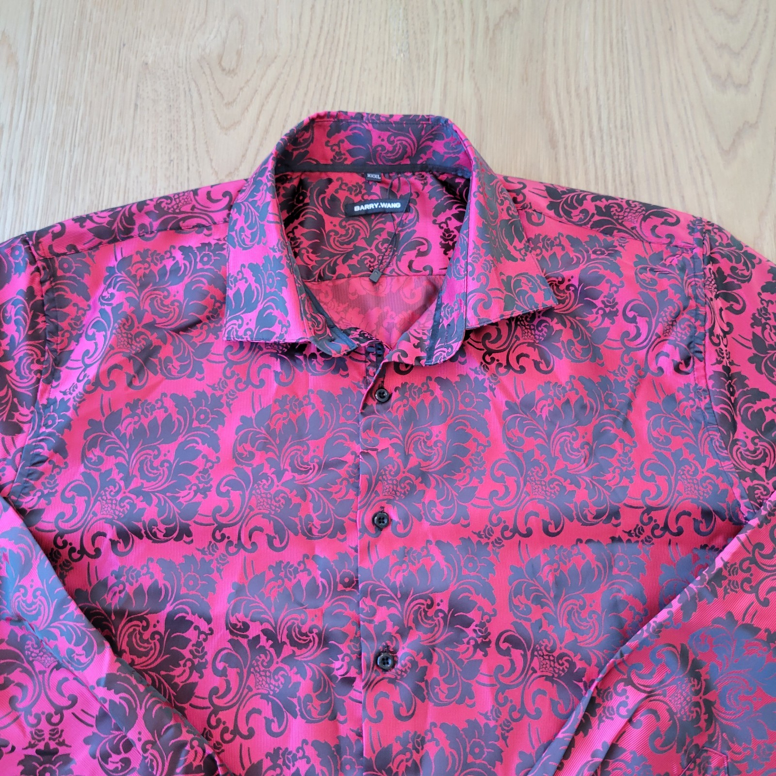 Barry Wang Long Sleeve Shirt 3XL Floral Red Black Metallic Shiny Silk Button Up