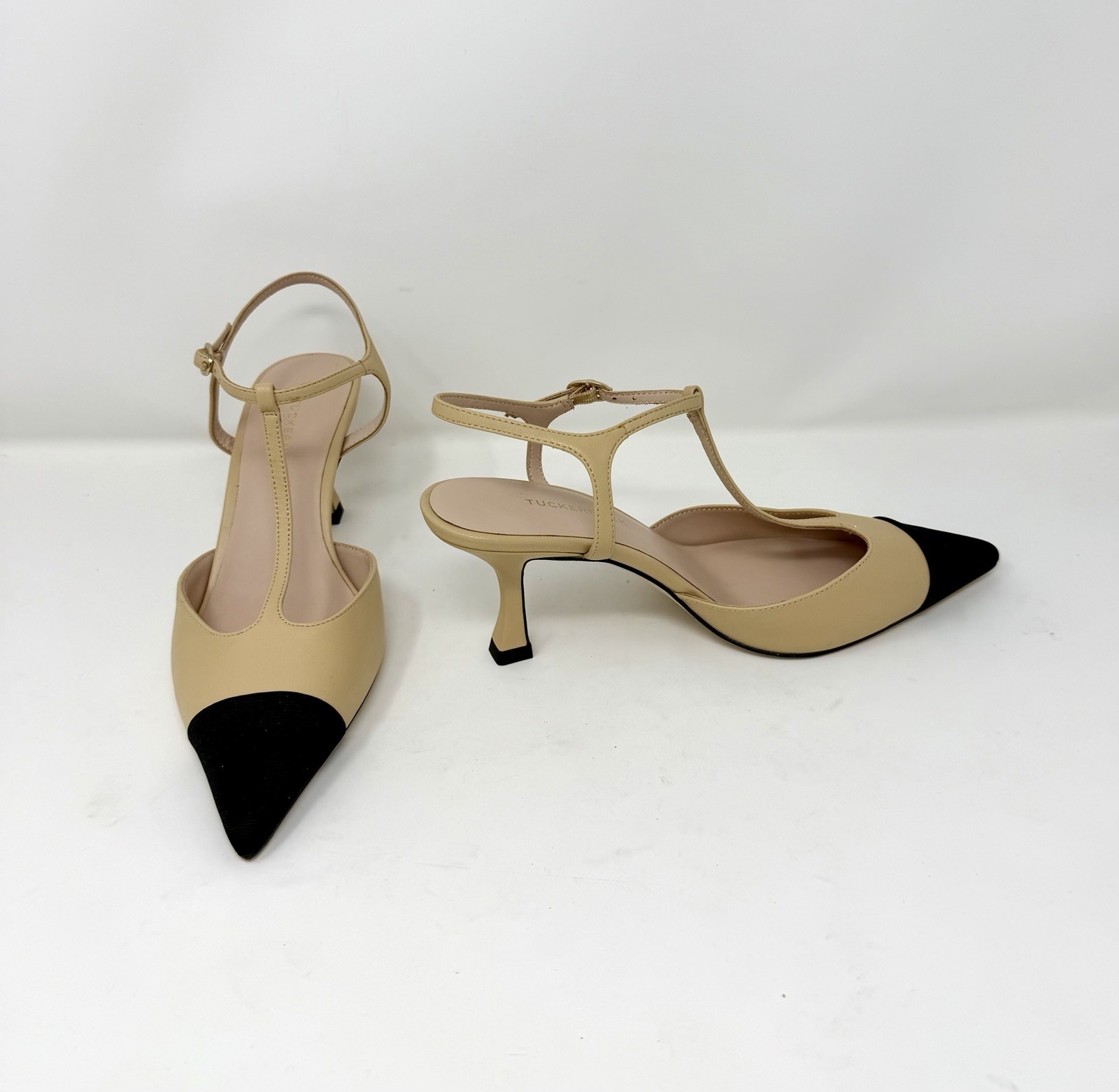 Tuckernuck Margot T-strap Black/Beige Heel. NWOB