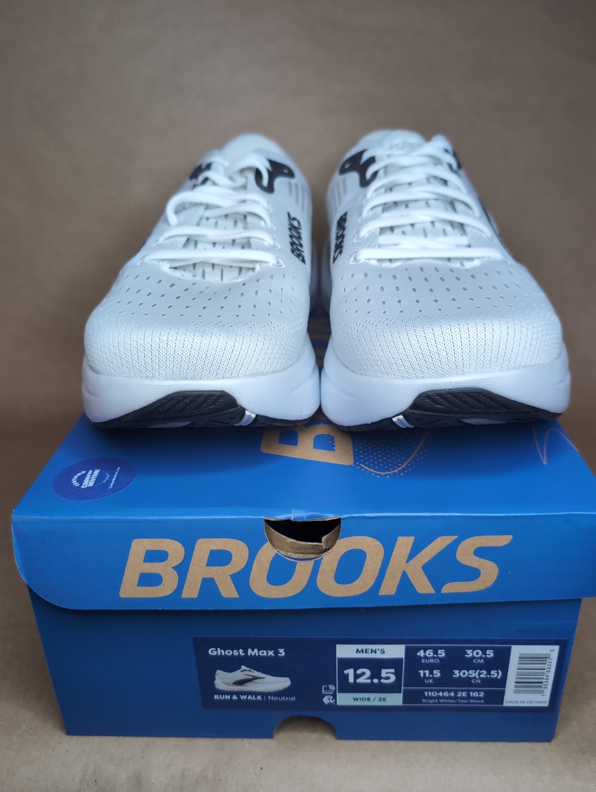 New Brooks Ghost Max 3 Mens 12.5 WIDE Bright White Black Tea Run Walk Neutral