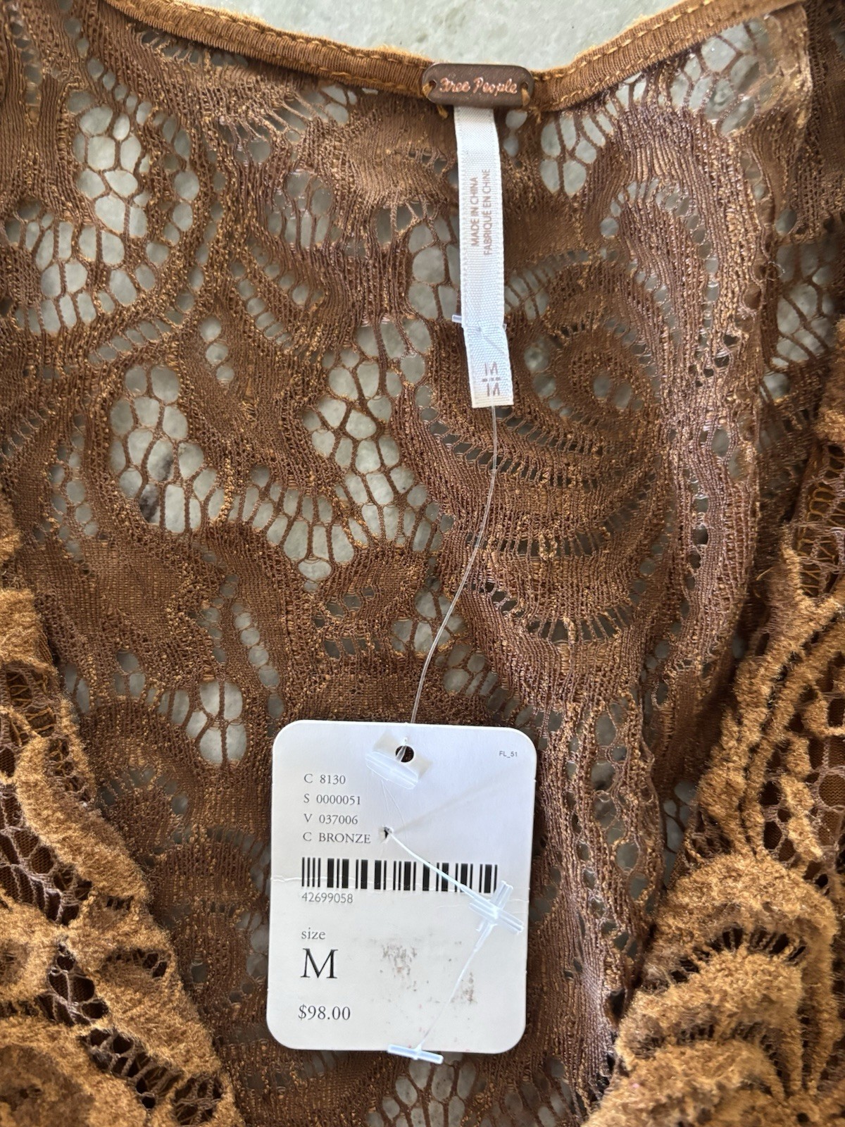 🤎Free People Lace Dress Medium Brown Caramel Floral Sheer Sleeve Boho Romantic