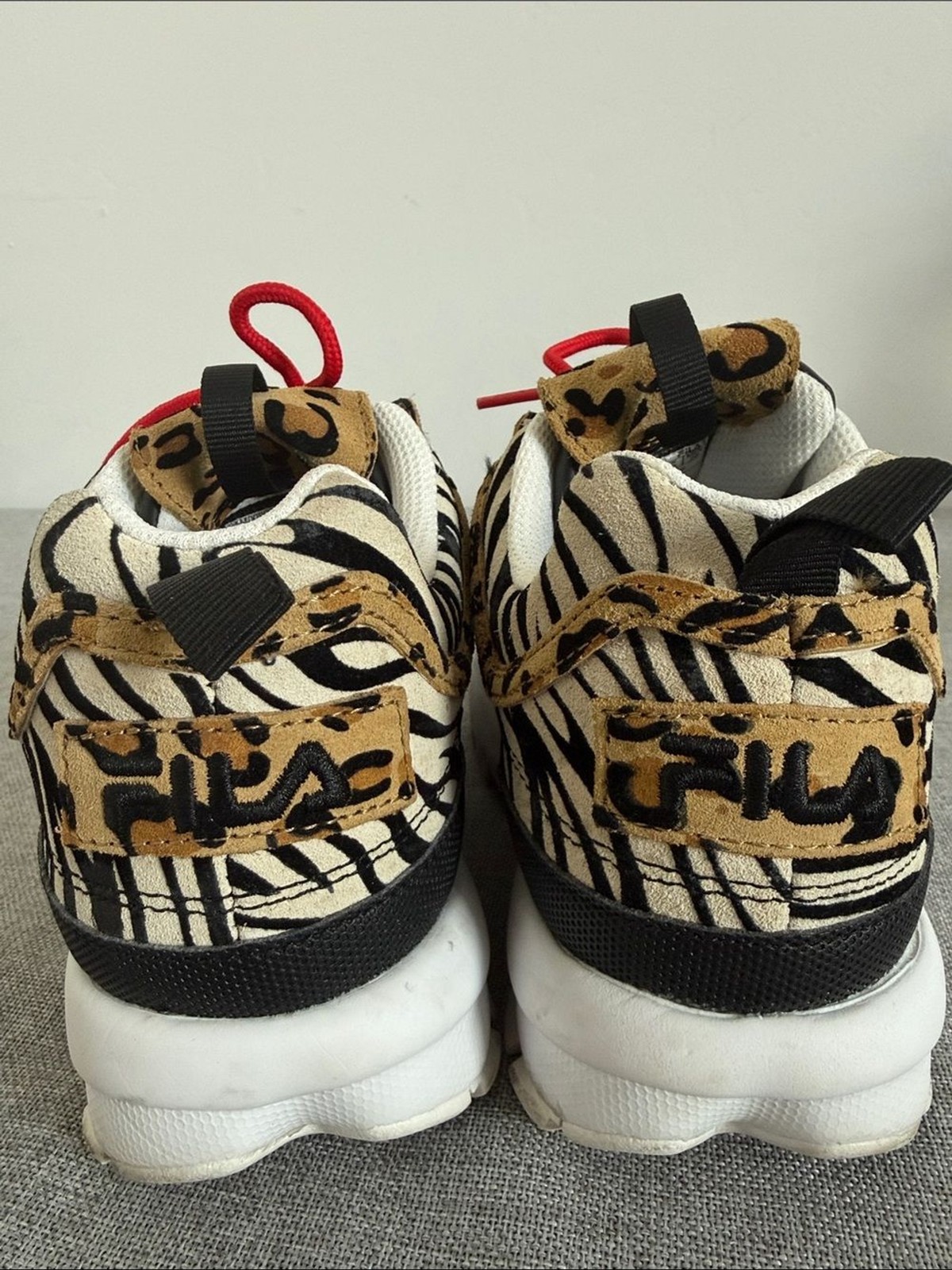 Fila disruptor ll Zebra & Leopard Mixed-Print Sneakers with Red Laces