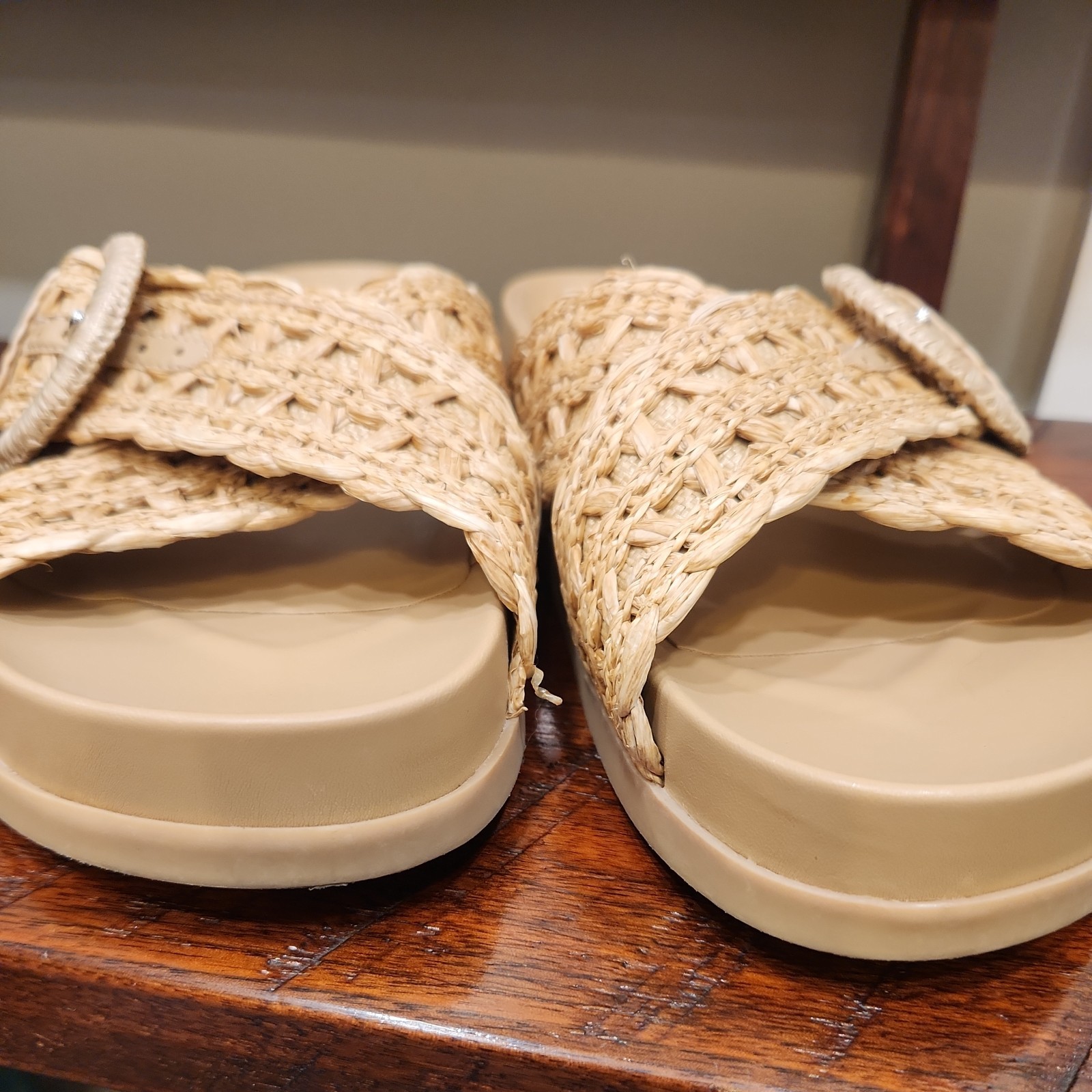 Marc Fisher Welti Sandals Slip On Slide Platform Wedge Tan Straw Buckle 8.5