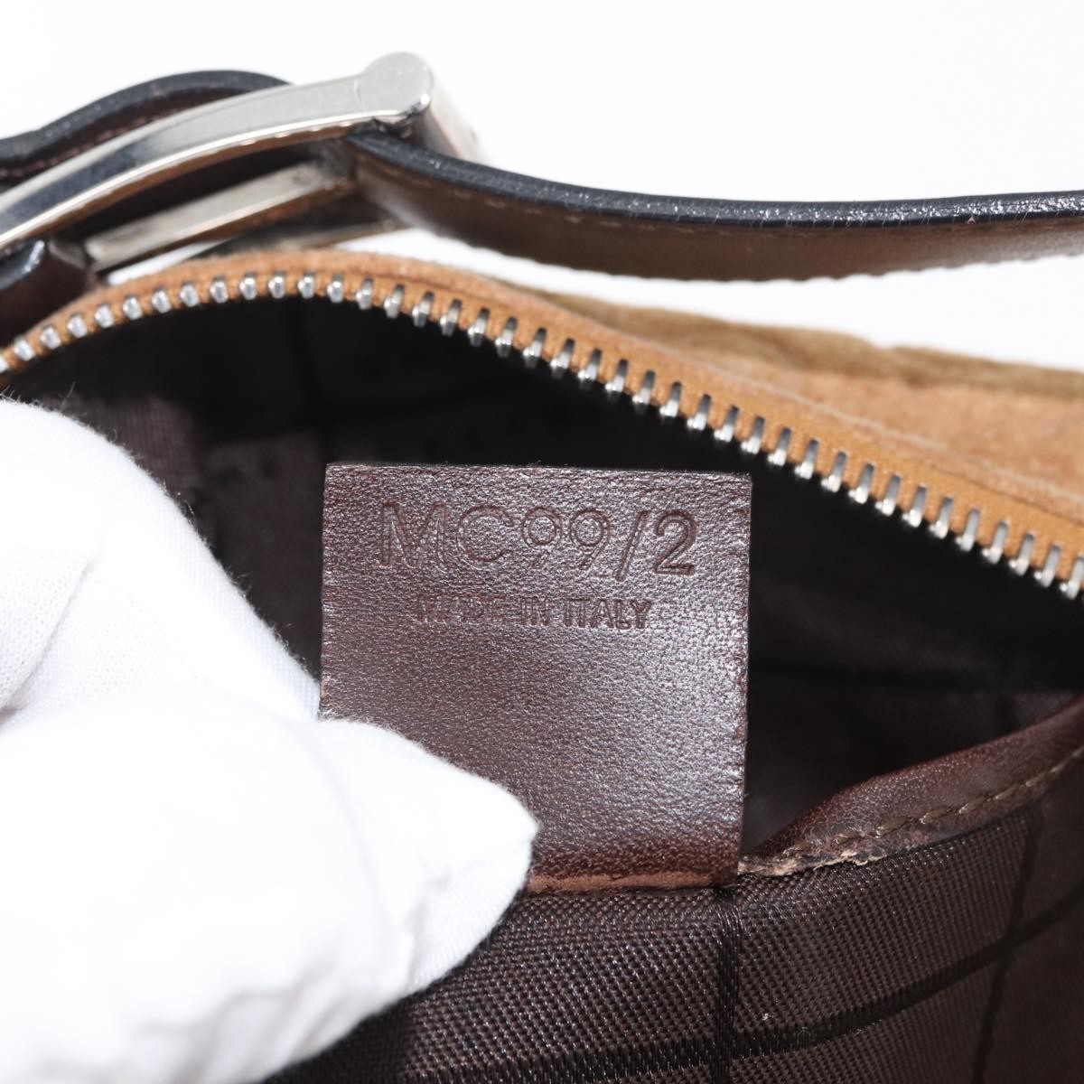 CELINE C Macadam Canvas Hand Bag Suede Brown Silver Auth 176369