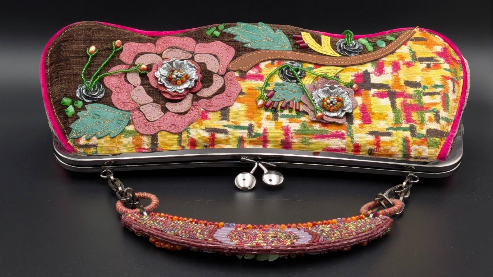 Mary Frances Embellished Frame Clutch Bag Beaded Floral Appliqué Textile Purse