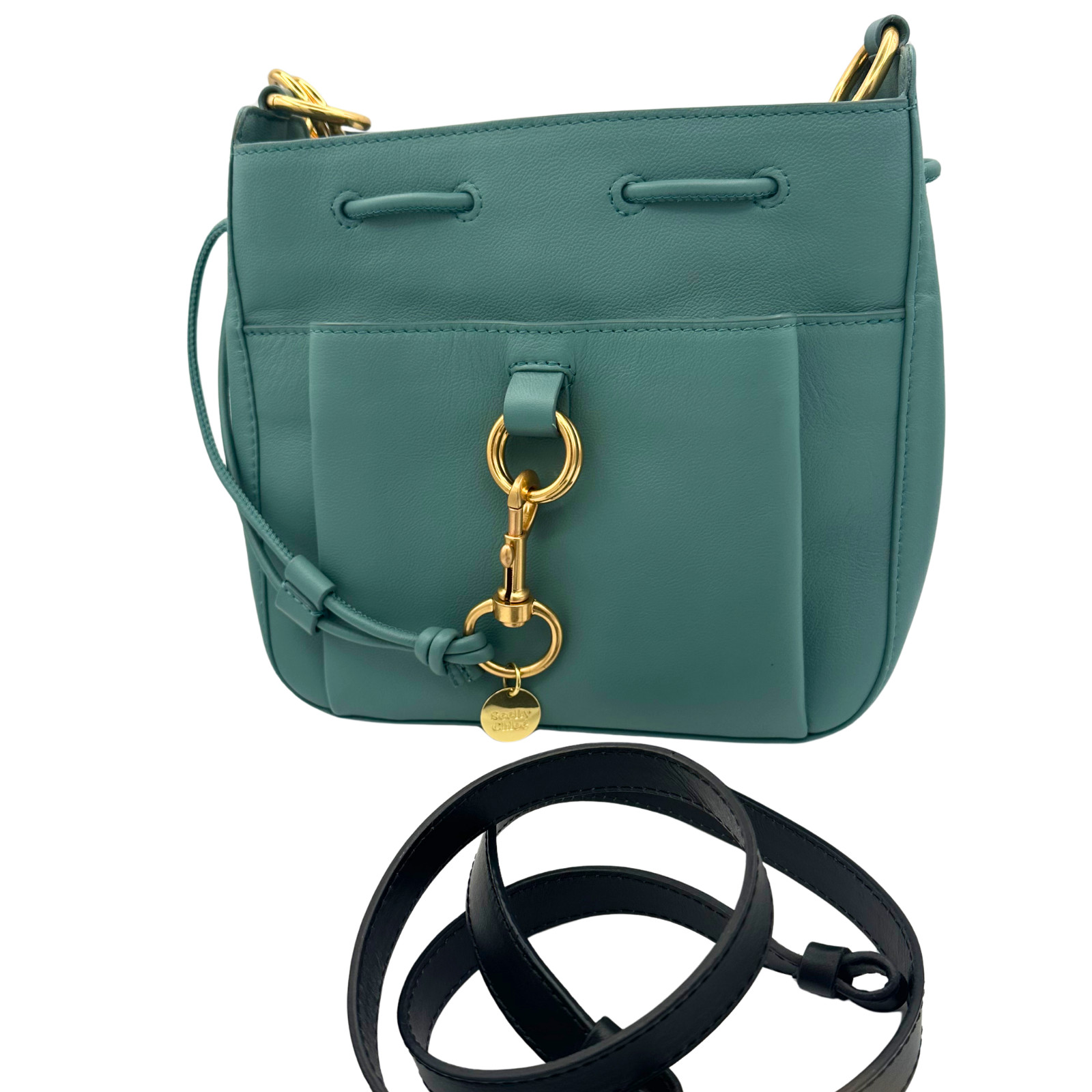 See By Chloe Tony Leather Shoulder Bucket Bag Teal Blue Gold Hardware