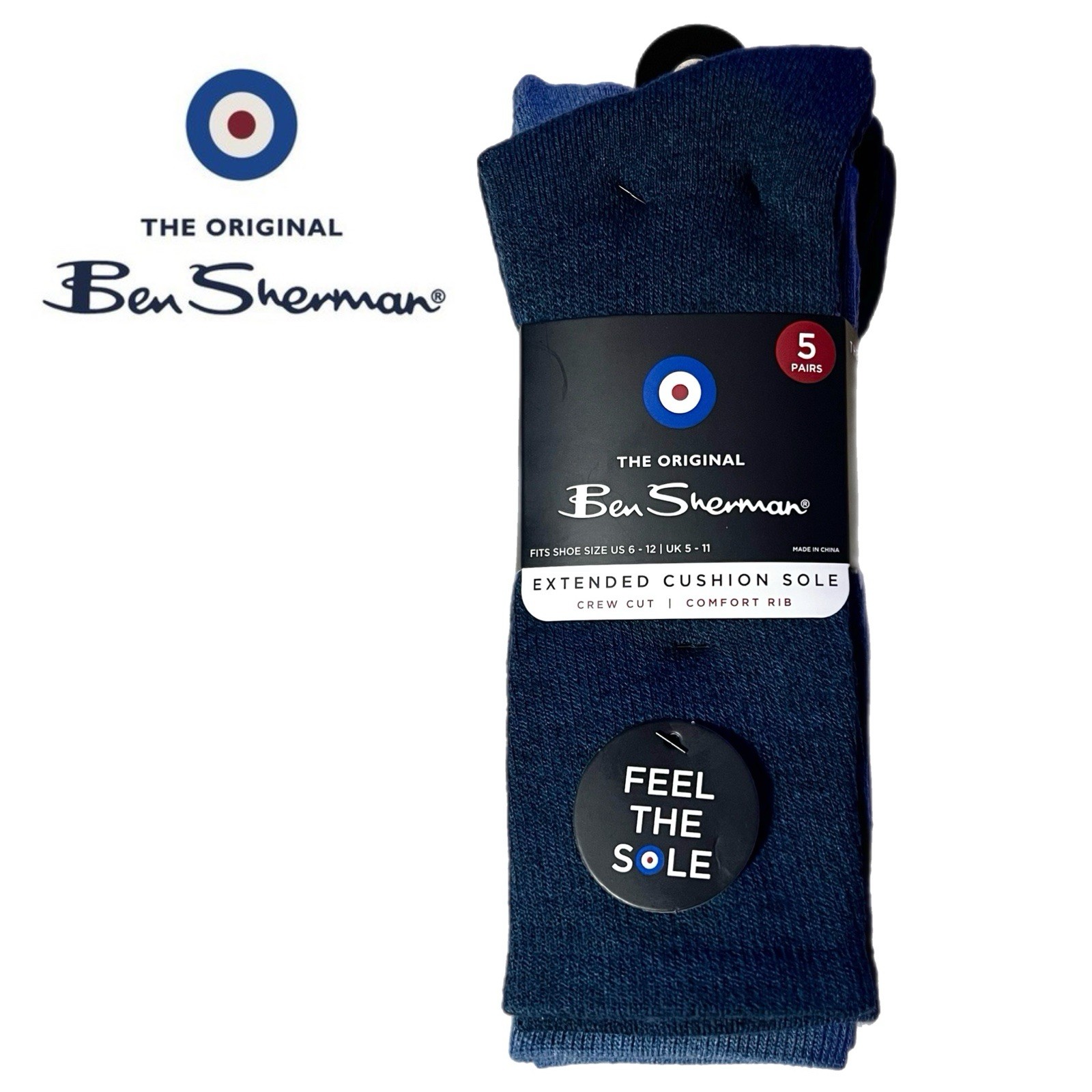 Ben Sherman Men’s 5 Pairs Blue & Tan Extended Cushion Crew Cut Size 6-12 New