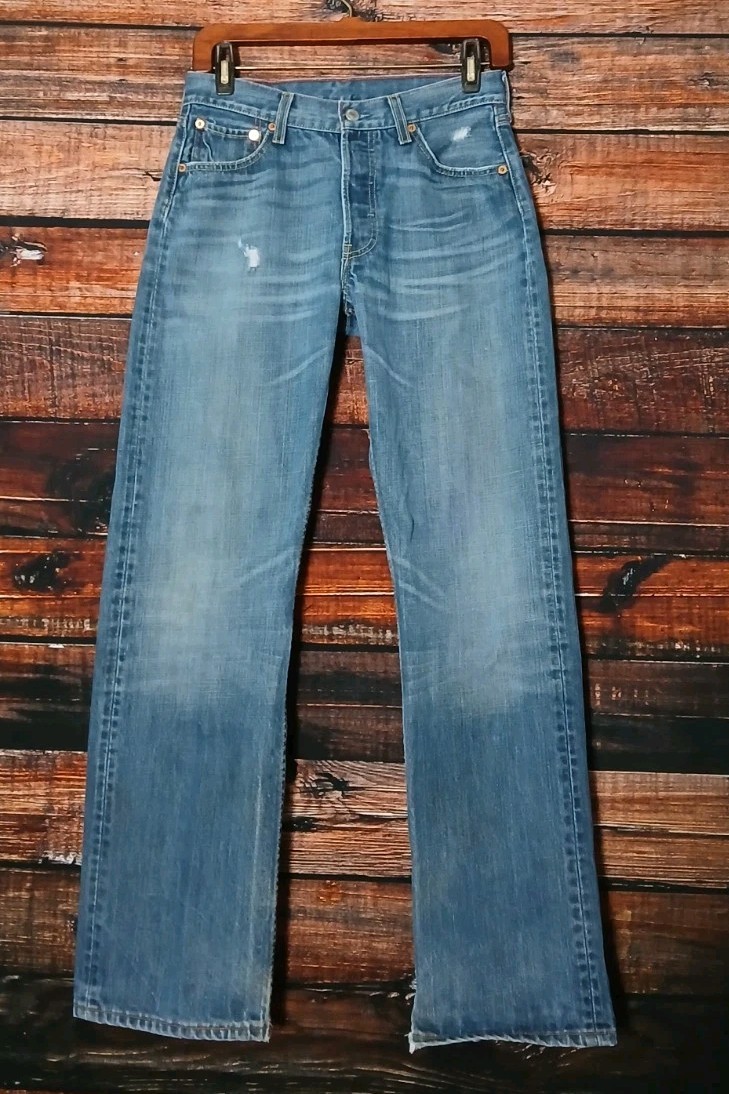 Levis UK Vintage Jeans 501 Button Fly 28X30 Distressed 100% Cotton Blue Denim