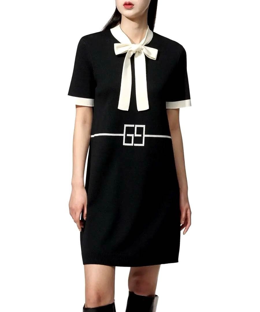 Gucci Knit Dress XS 82cm Length Black GG Logo Bow Tie Wool