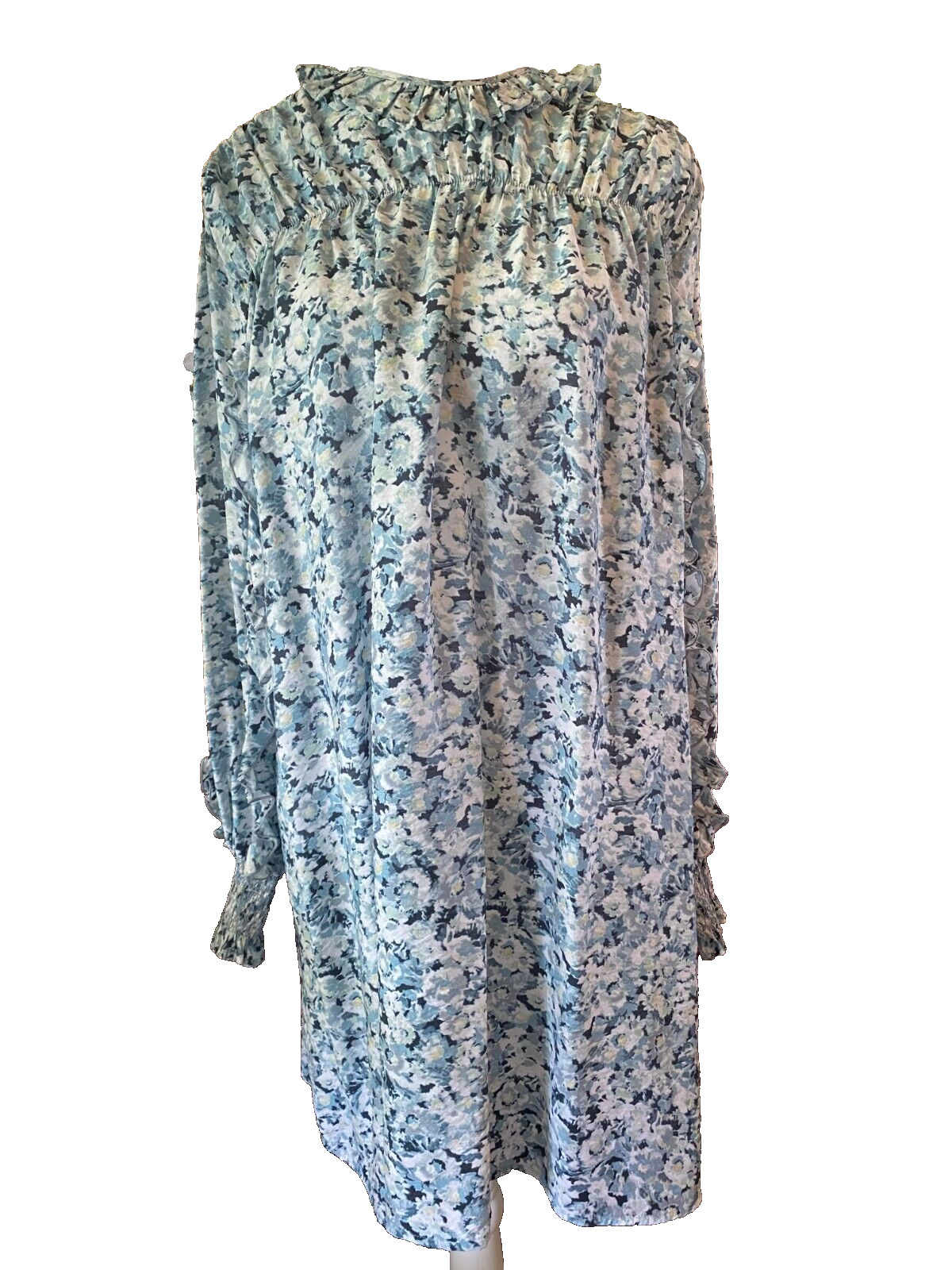 H&M Cottagecore Blue Floral Dress Long Ruffle Sleeve Tie Keyhole A-line Sz Sm