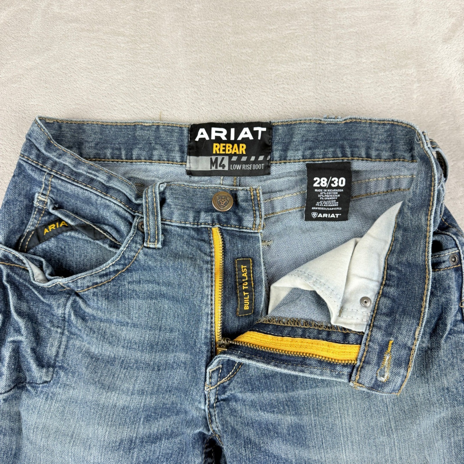 Ariat M4 Jeans Men 28×30 (29×29.75) Blue Rebar Low Rise Bootcut Western Distress