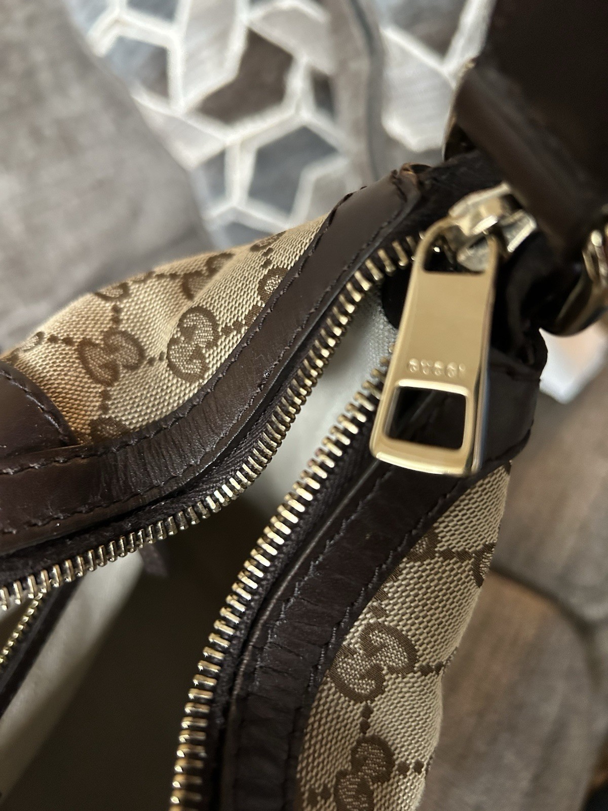Gucci GG Web Stripe Shoulder Bag, Zip Closure, Gold Hardware, Lined, Pockets