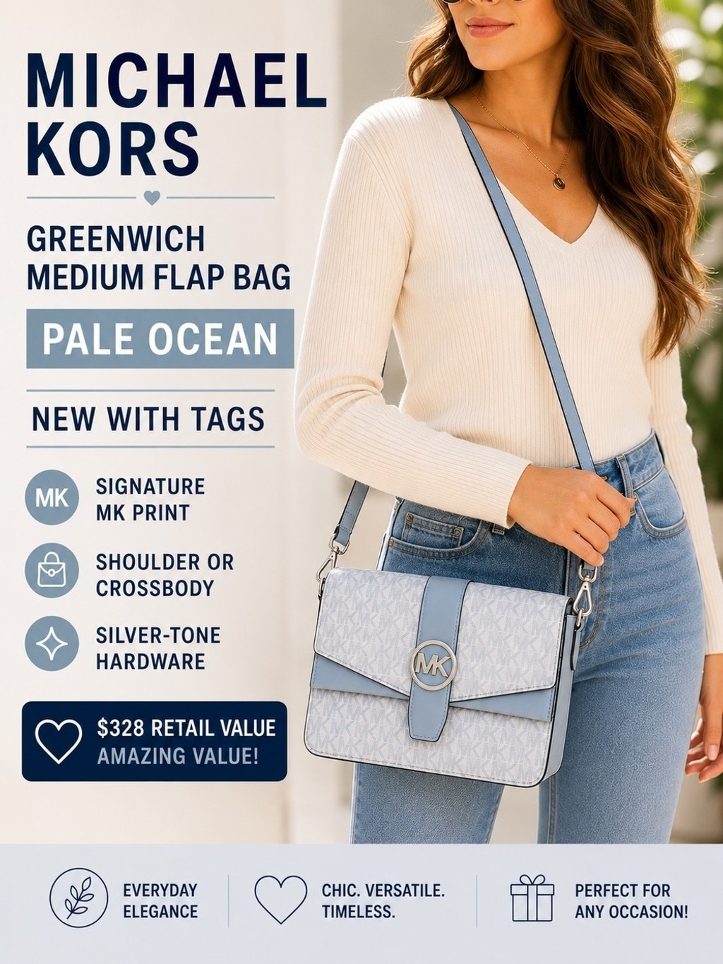 🩵✨️ NWT Michael Kors Greenwich Medium Flap Shoulder Bag Pale Ocean MK 🩵✨️