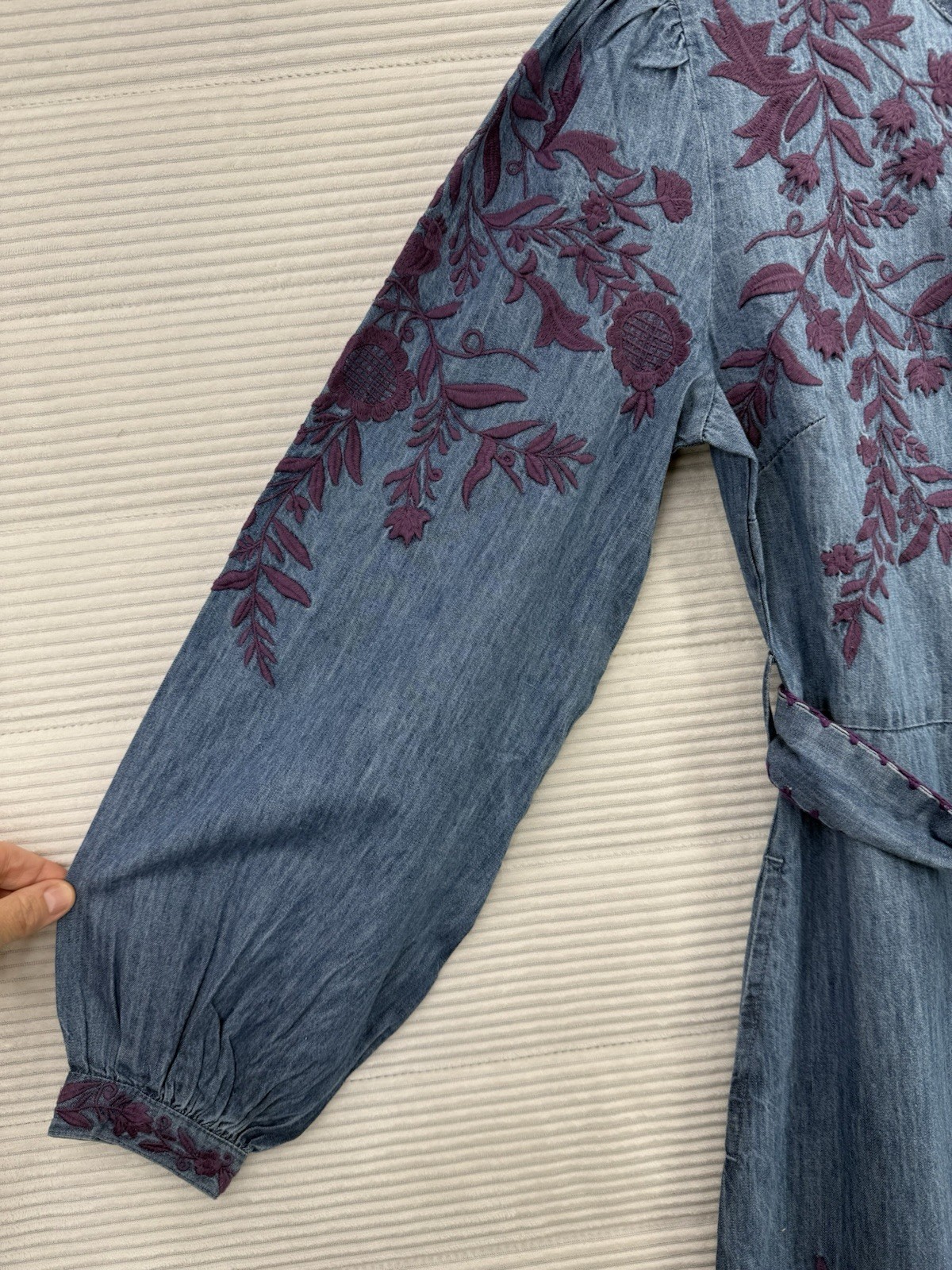 Sundance Catalog Jenny Mae Embroidered Denim Dress Belted Maxi Size S