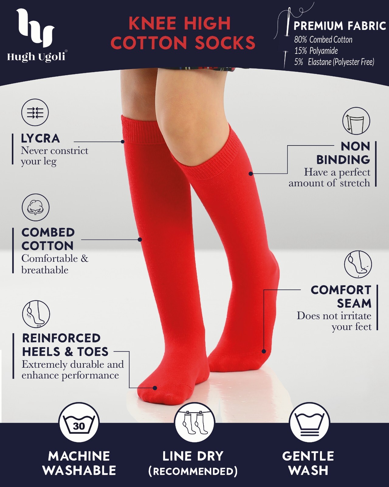 HUGH UGOLI Knee High Cotton Socks for Girls Boys Toddlers 3-14 Years 4 Pairs