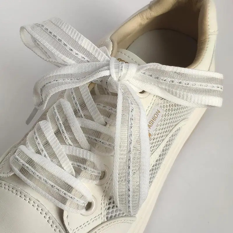 1pair 2cm Bow Wide Flat Shoelaces Fish Silk Transparent Striped Shoelaces Sneake