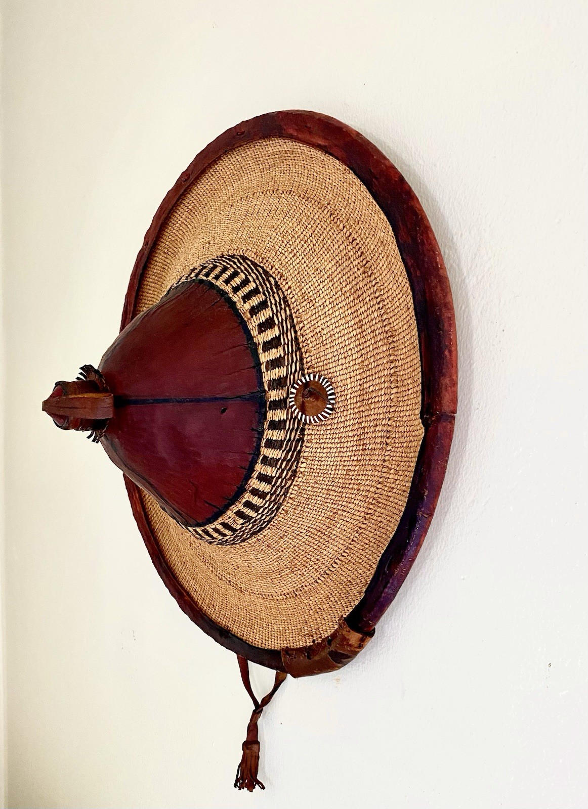 Antique African Ghanaian Hat ~ Traditional Conical Woven Straw & Leather ~19in
