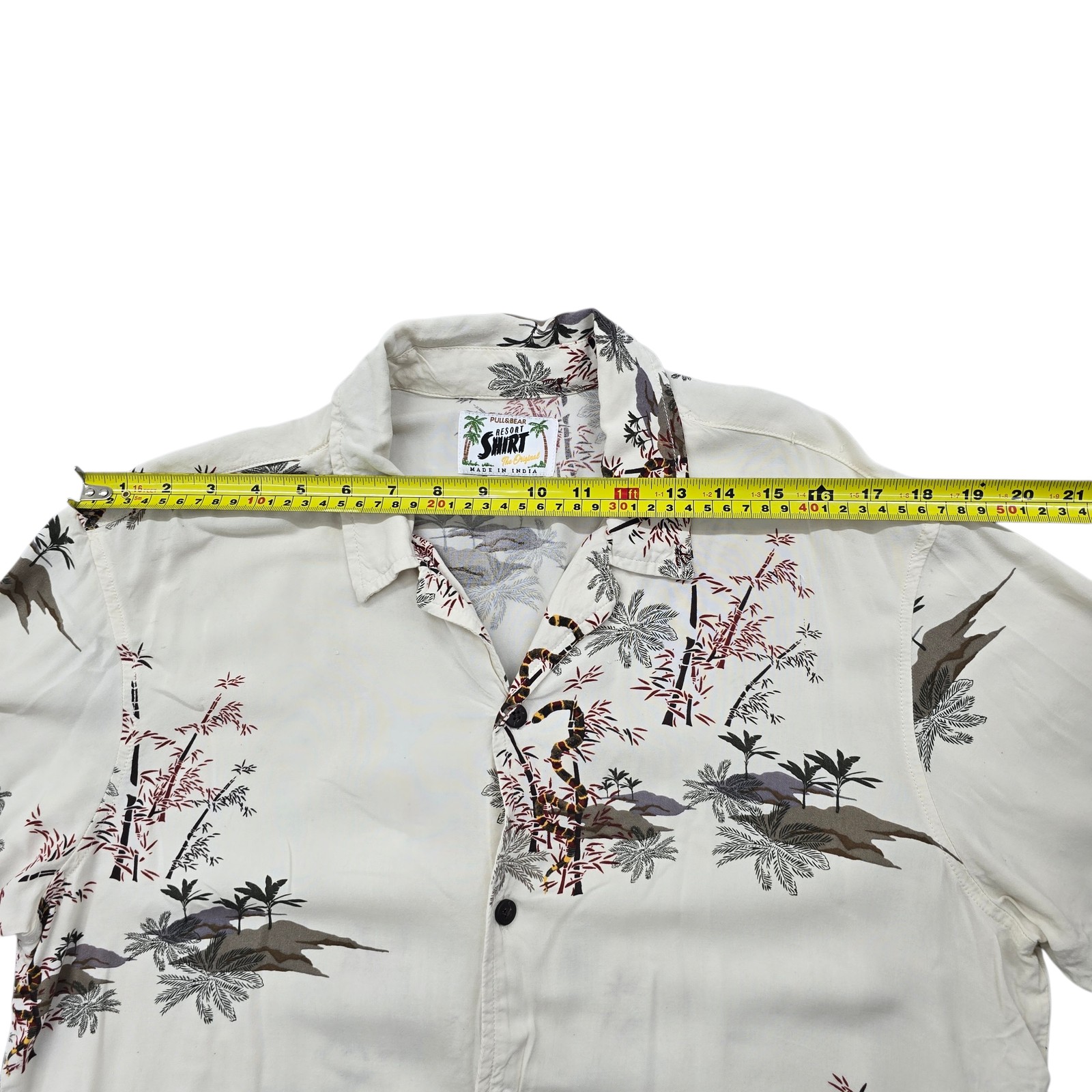 Pull & Bear Mens Shirt M Cream Tropical Bamboo Bird Resort