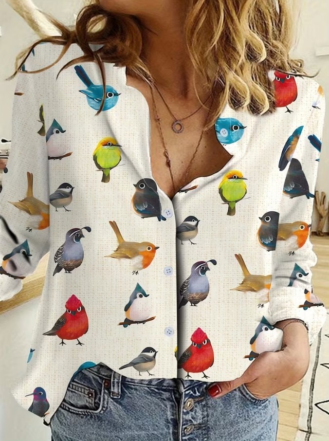 Women’s Cute Cartoon Bird Print Button Down Shirt Casual Long Sleeve Top Blouse