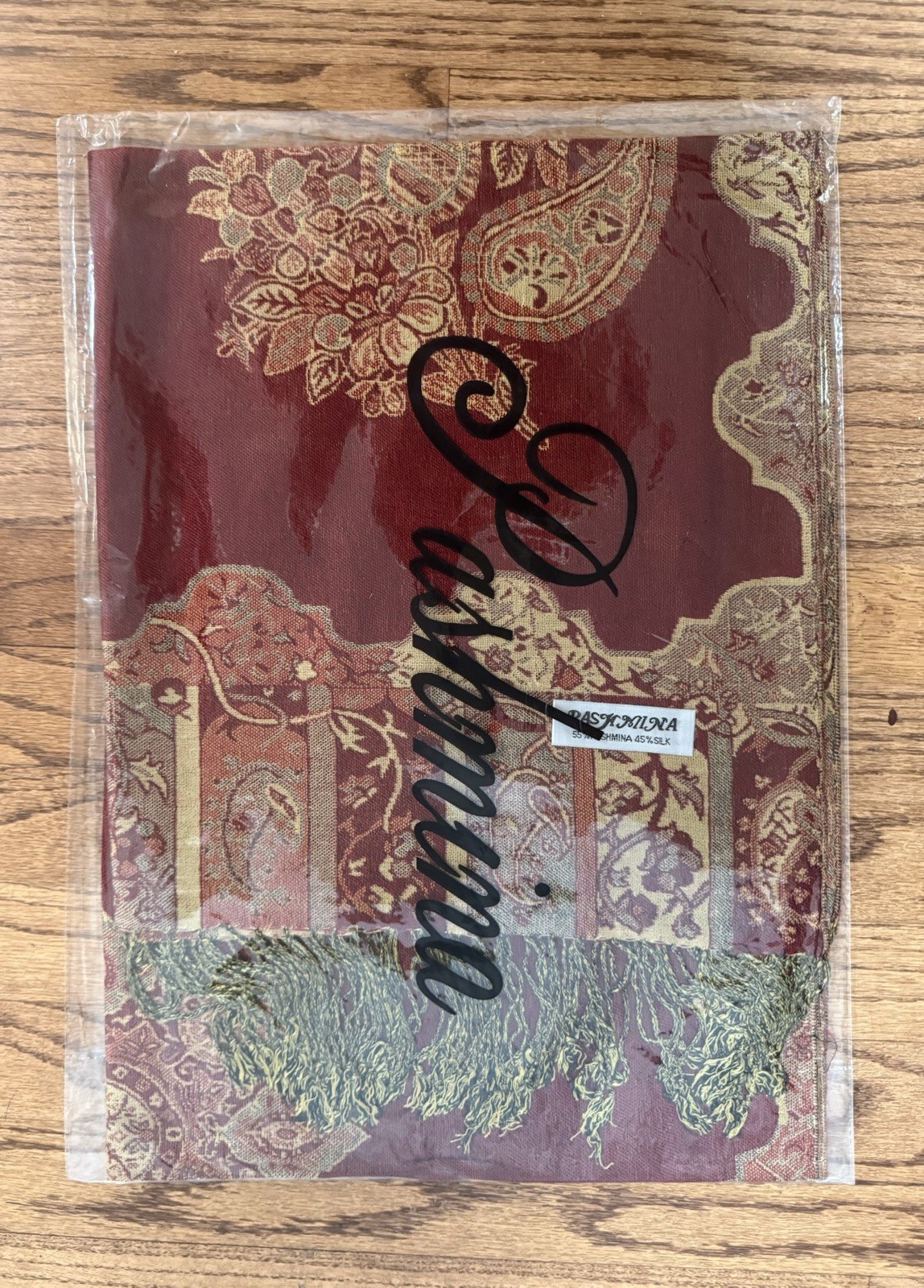 Pashmina Silk Scarf 55% Pashmina 45% Silk Burgundy Beige Paisley Fringe New