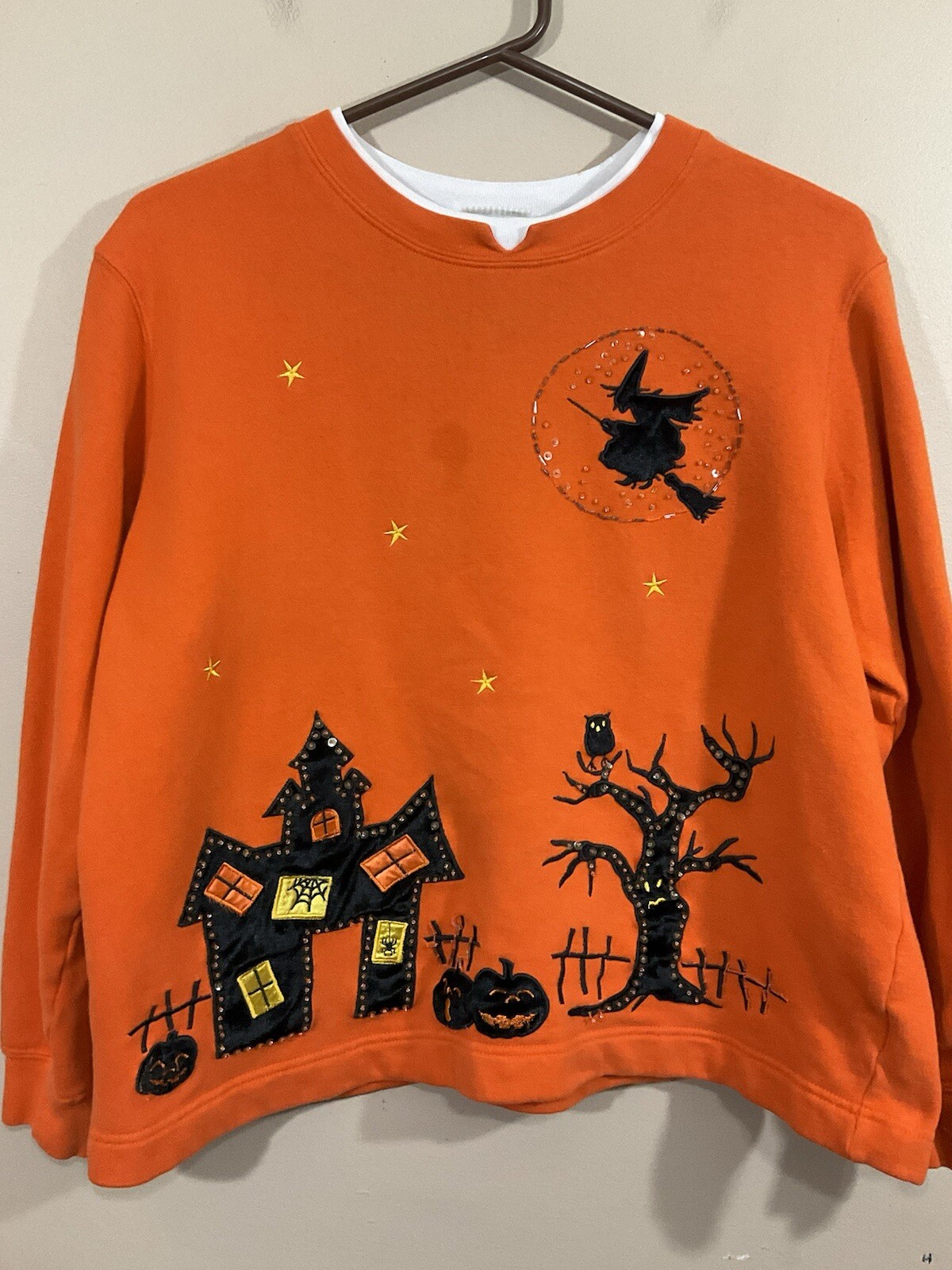 VTG Womens Embellished Halloween Shirt L Orange Haunted House Pumpkins Witch 90s
