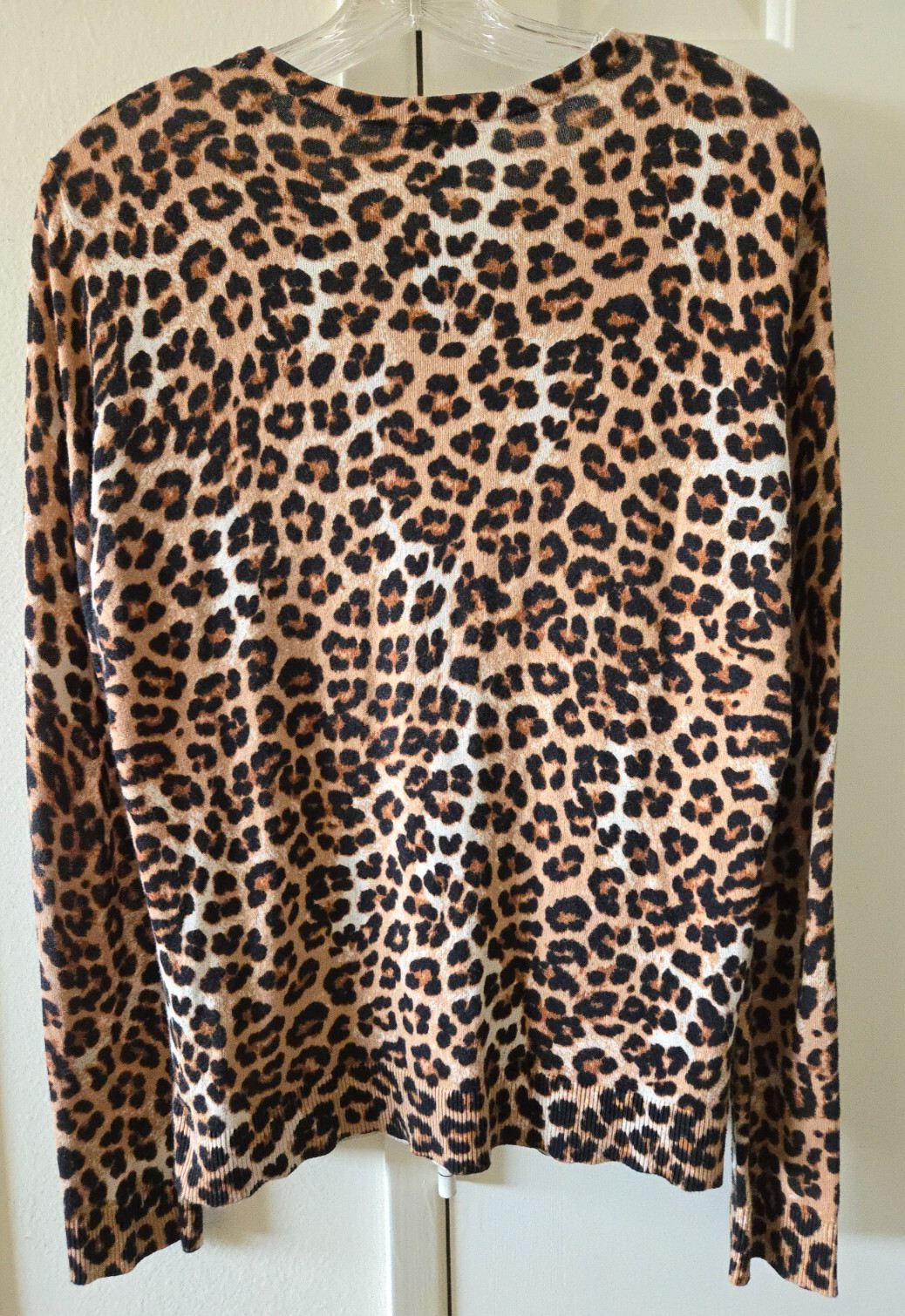 Ann Taylor Black & Tan Animal Leopard Print Lt Wgt Crew Cardigan Sweater 12 14 L