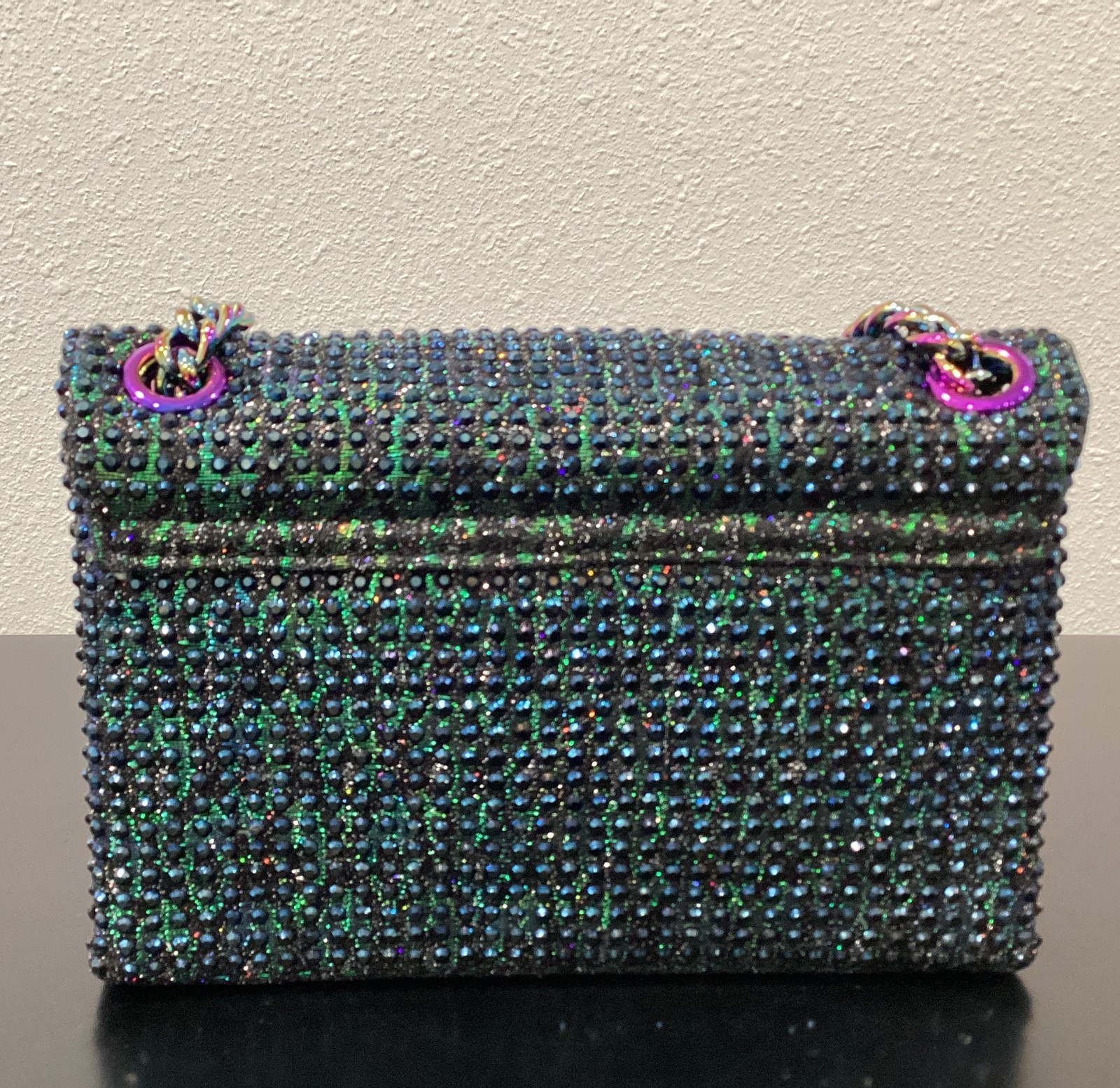 Kurt Geiger Mini Brixton Iridescent 8″x5.5″x2.25″ Lock Metallic Fabric Crystals
