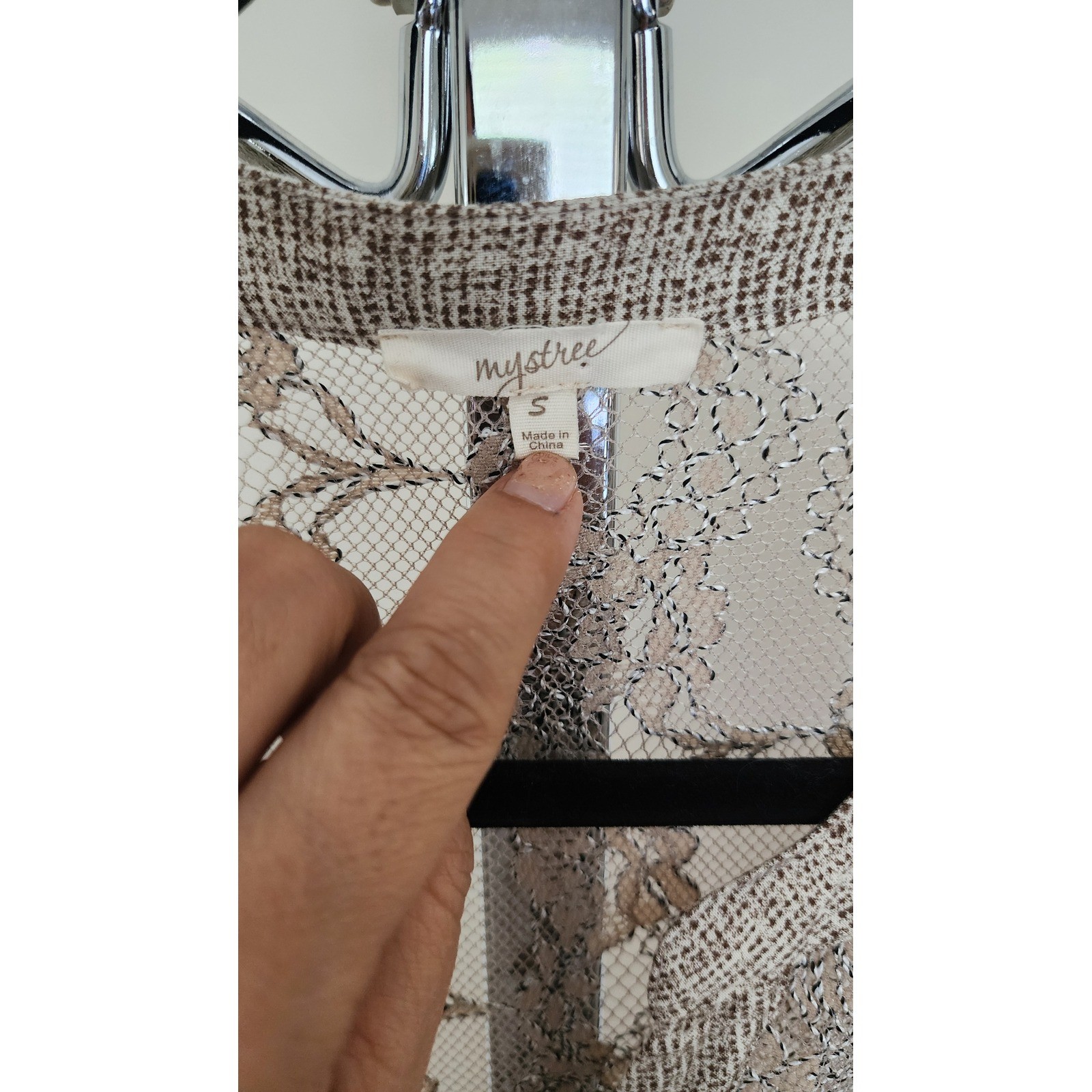 Mystree Women Beige Metallic Lace Sheer Button Down Cardigan Quiet Luxury