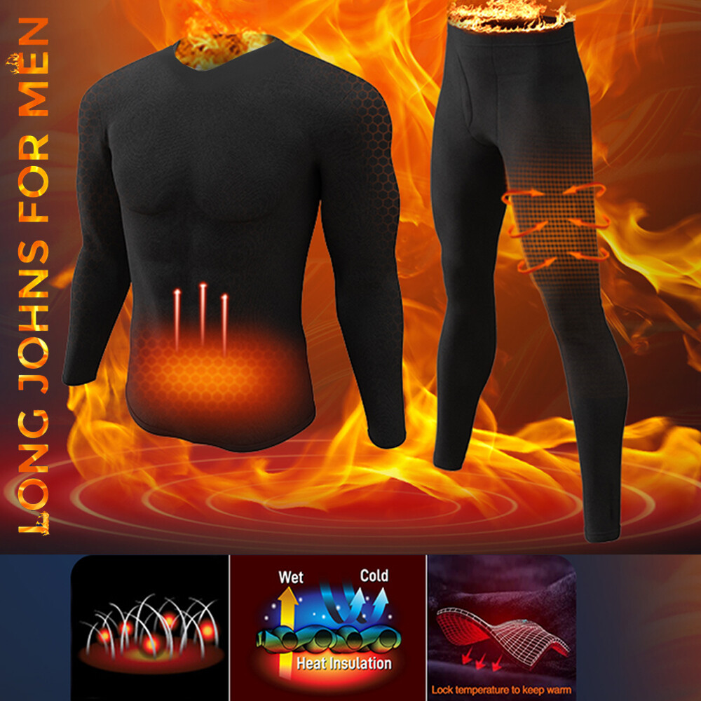 Men’s Fleece Lined Base Layer Set Ski Thermal Underwear Long Johns Top & Bottom