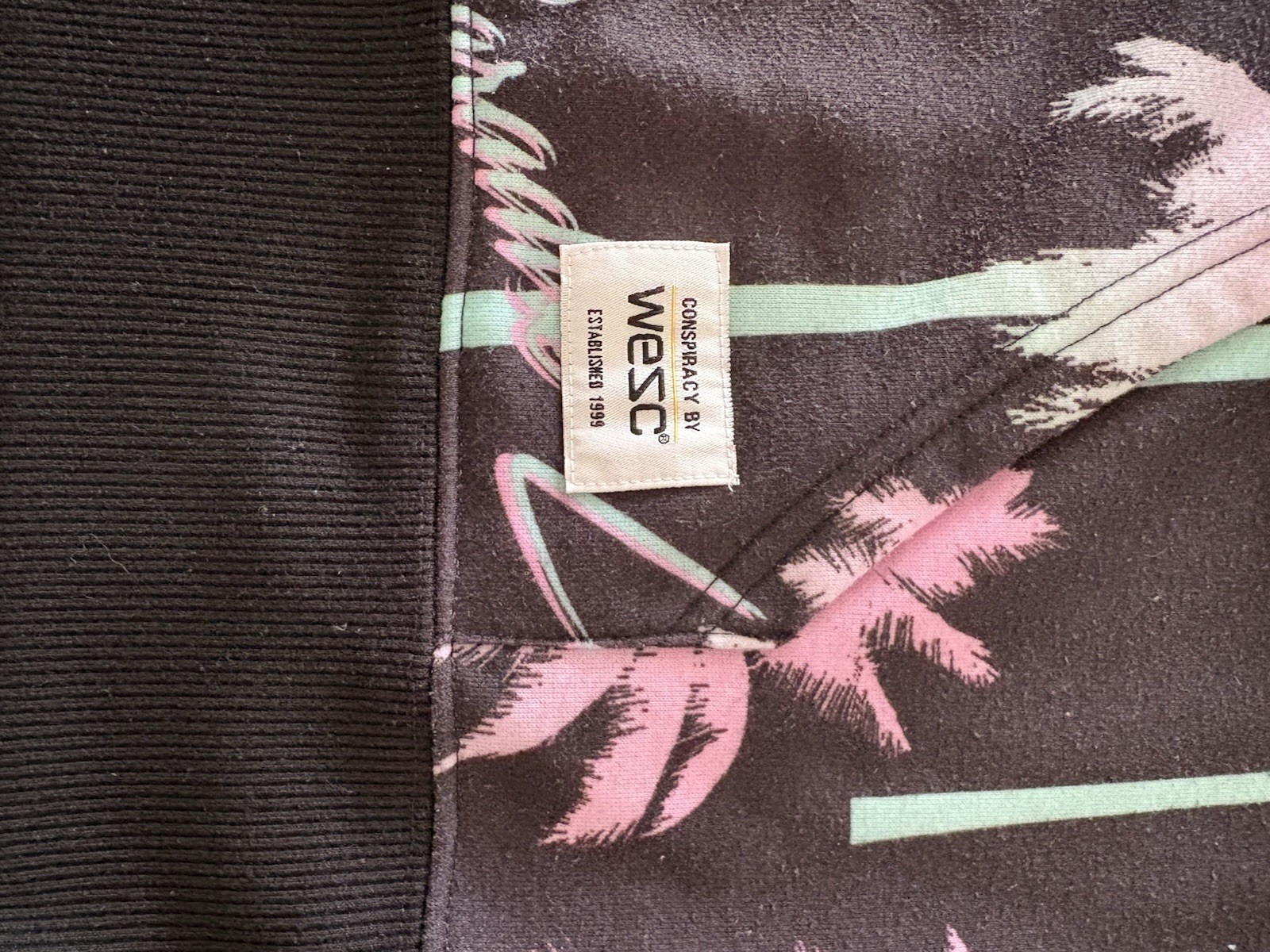WeSC Men’s Pullover Hoodie Size M Black/Pink/Mint Tropical Palm Graphic