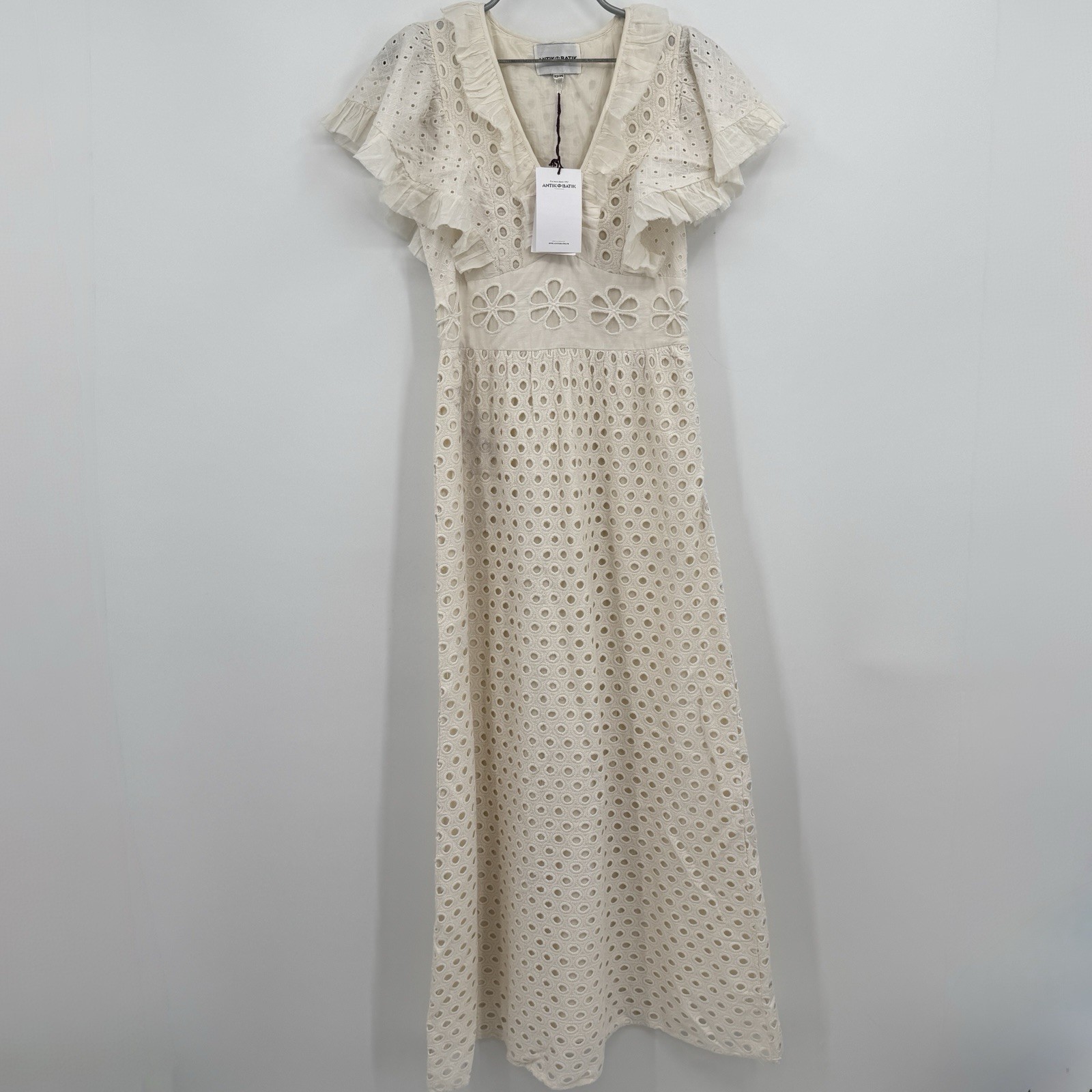 Antik Batik Cream Eyelet Lace Jada Maxi Dress size XS 36 Flutter Sleeve Ruffle