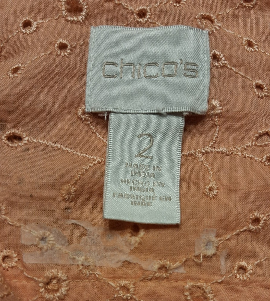Chico’s Orange Eyelet Blouse Bracelet Sleeves Pockets Misses Size 2 (Reg 12)