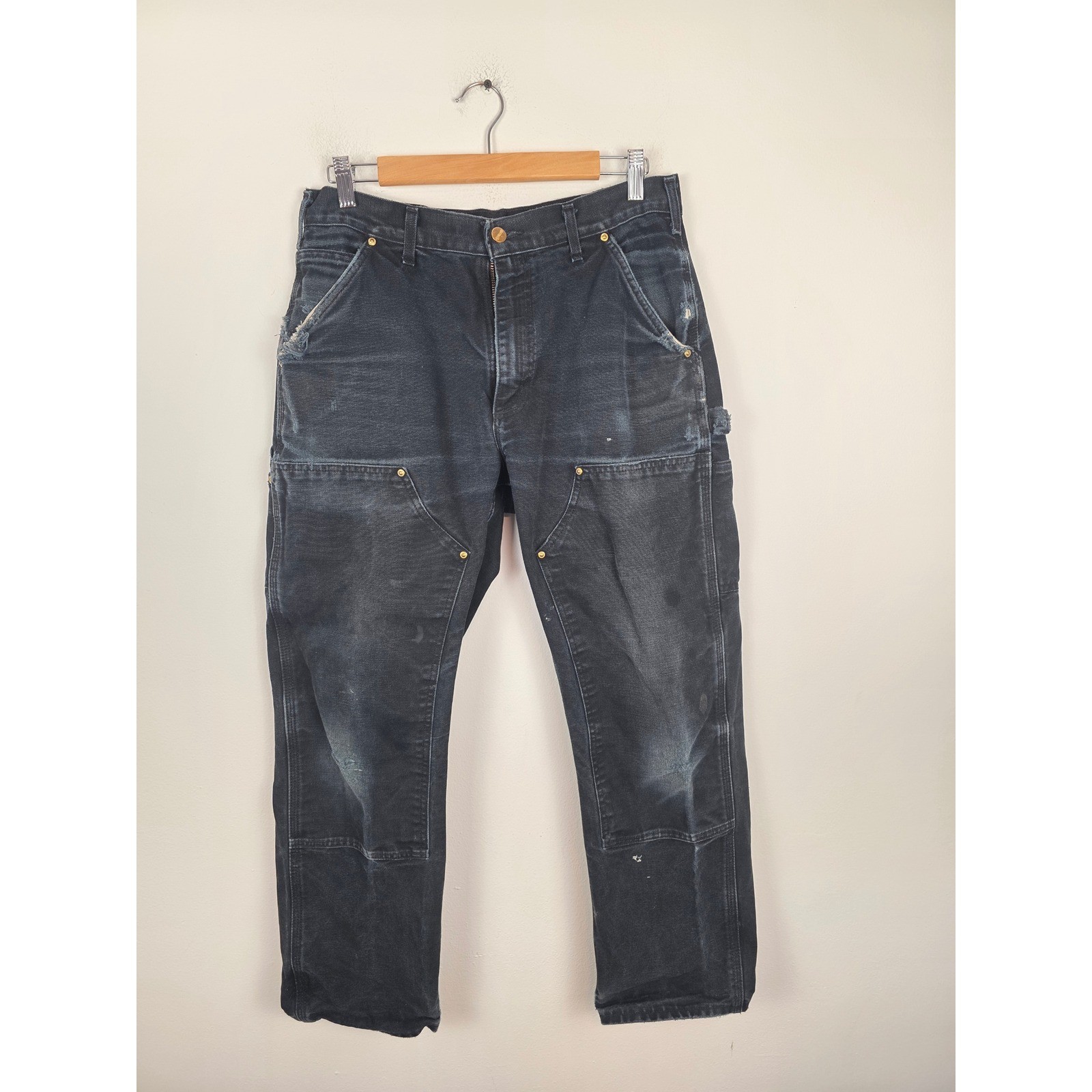Carhartt B01BLK Double Knee Work Pants Men 32×30 Black Faded Made USA Distressed