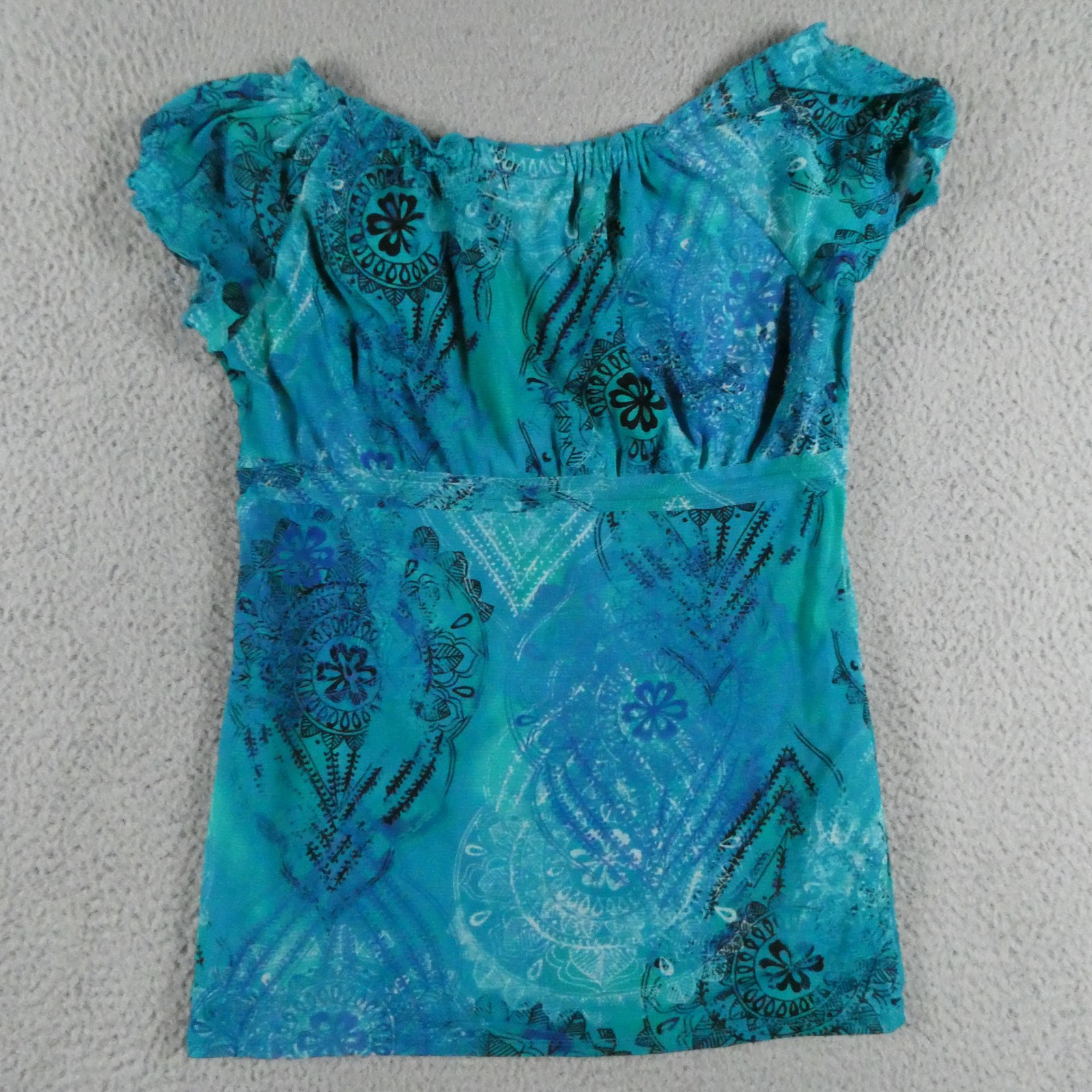 Axcess Blouse Womens Small Blue Scoop Neck Paisley Cap Sleeve Lined Tunic Top