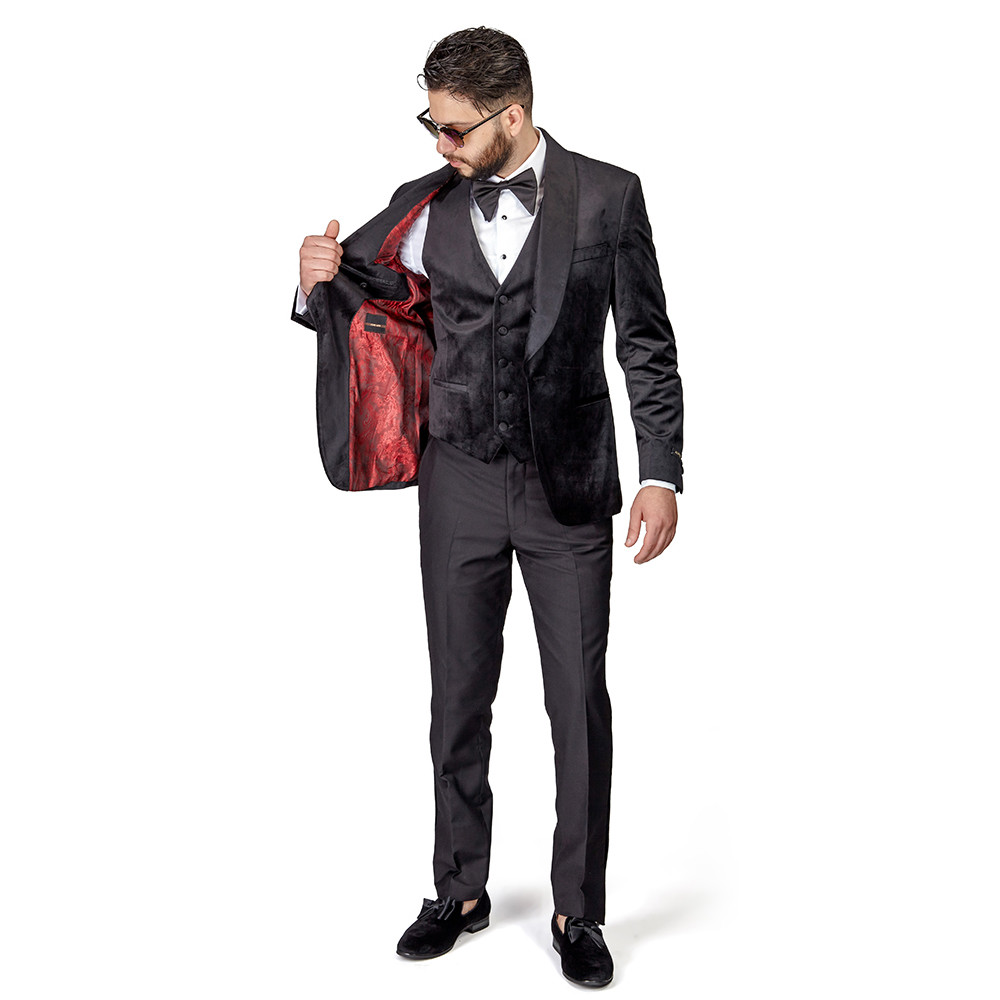 BLACK Shawl Lapel VELVET 3Piece Vested Slim Fit Tuxedo 1Button Black Pants AZAR