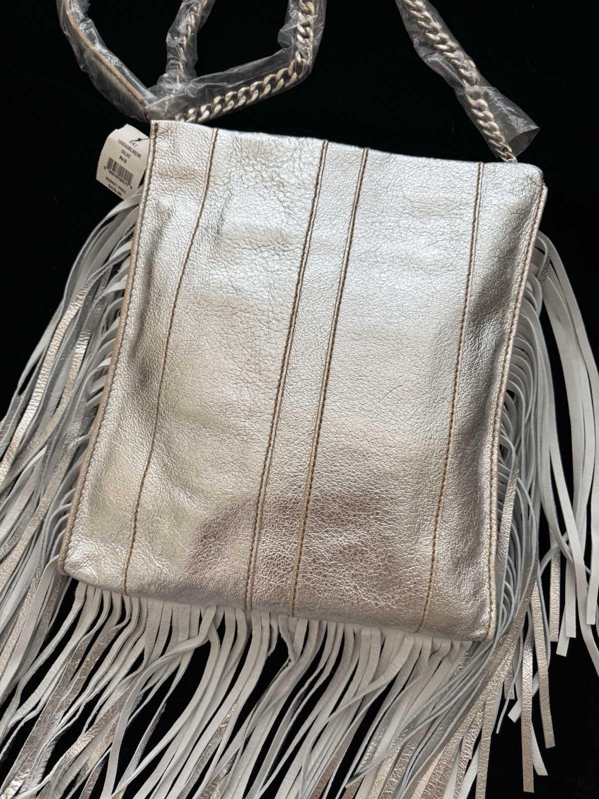 $475 RAMY BROOK Leather Silver Lame’ Large Sachel Messenger Bag Fringe Purse