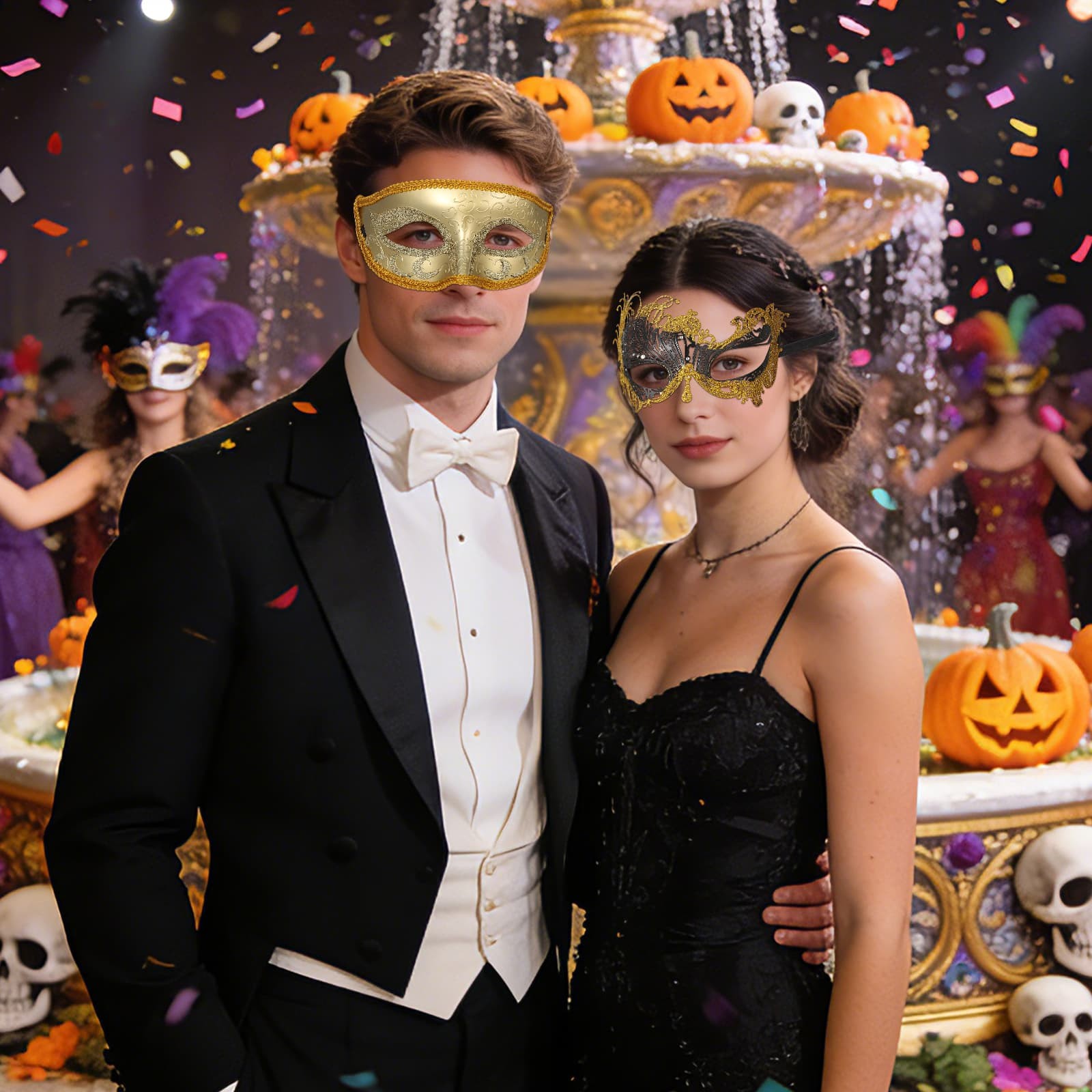 2Pcs Couple Carnival Masquerade Mask Set Metallic Festival Party Halloween Masks