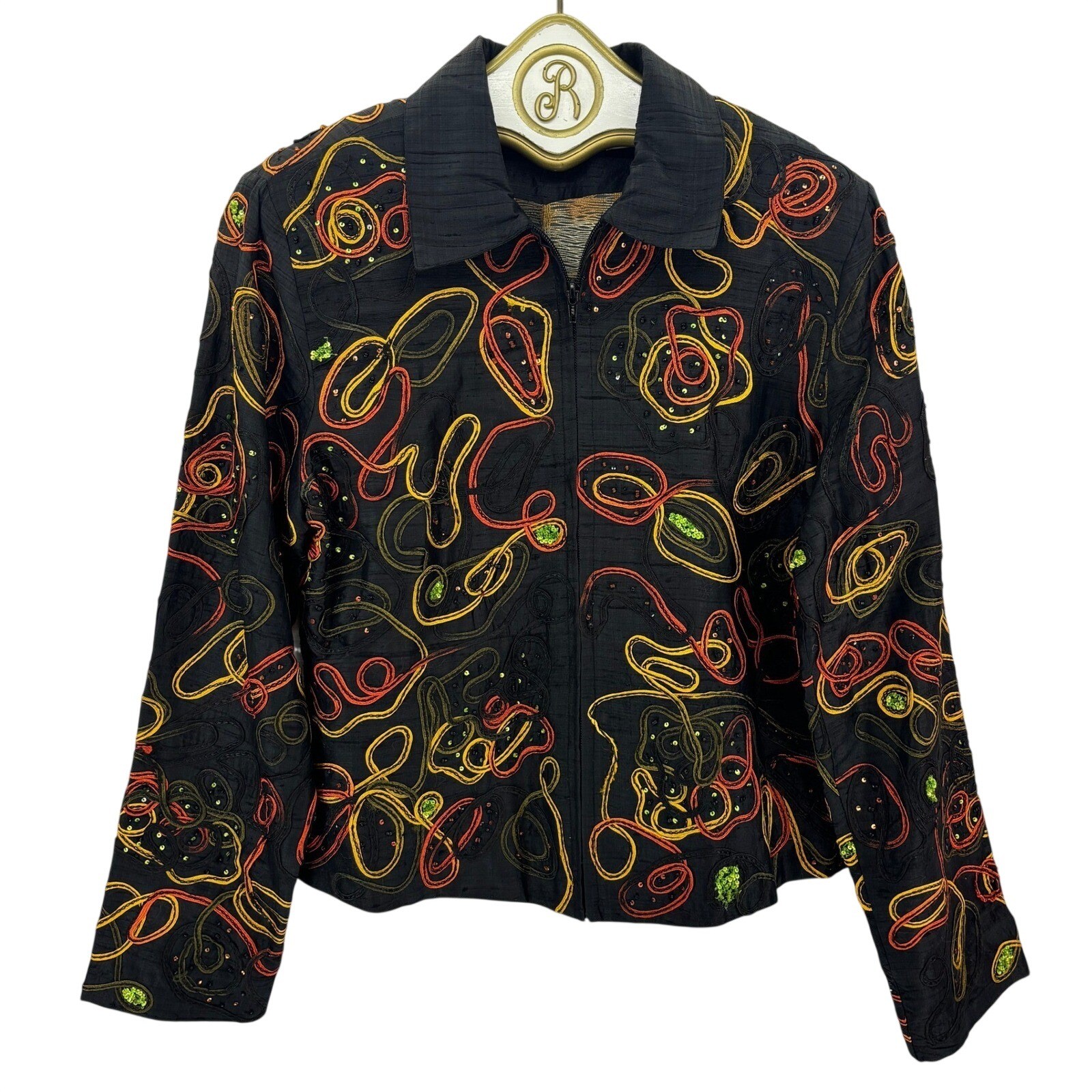 Vintage Abstract Silk Embroidered Jacket S Art Teacher Wearable Art Maximalism