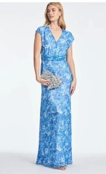 Sachin & Babi Leah Mediteranean Blooms Floral Chiffon Gown Size 4 $365