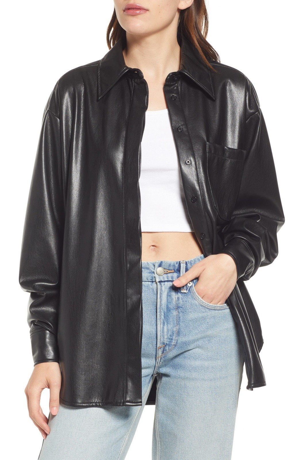 Good American Faux Leather Button Up Shirt Women’s Size 8 Black Long Sleeve NWT