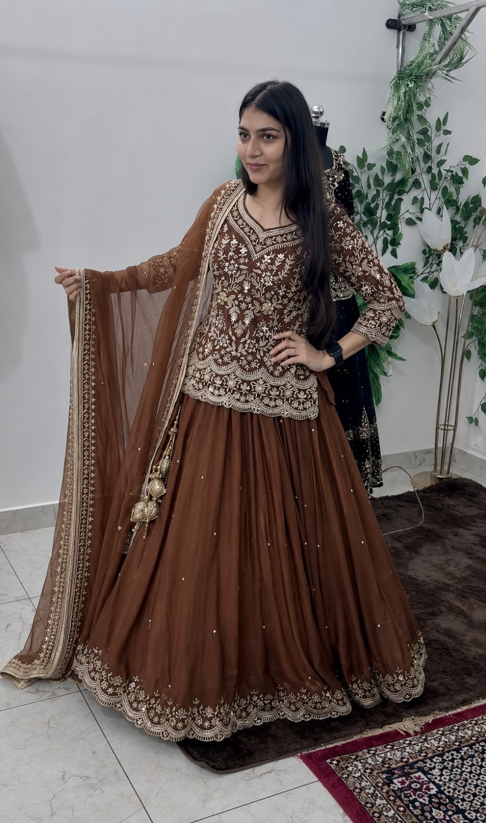 Brown Indian Pakistani Farshi Shalwar Kurti Dupatta Set For Women